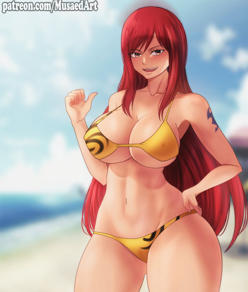 1girls, arm tattoo, ass, beach, big ass, big breasts, bikini, blue tattoo, breasts, erza scarlet, fairy tail, fairy tail mark, female, female only, looking at viewer, musaed art, open mouth, red hair, red-haired female, smile, solo, tattoo