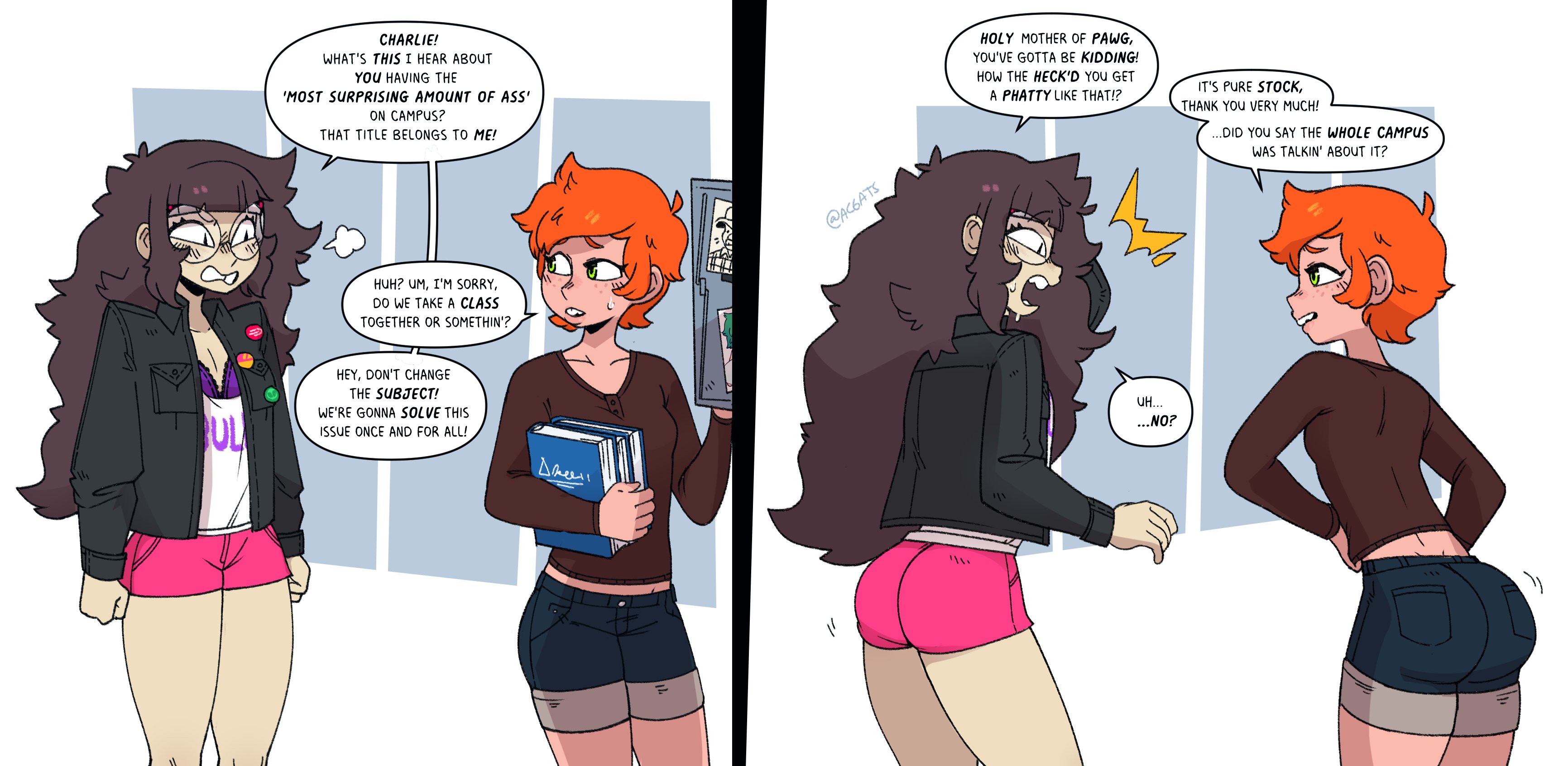 2girls, absurd res, absurdres, ass, big ass, big butt, black eyes, brown hair, charlie (haczey), comic, curvy, dialogue, english text, female, female focus, female only, freckles, funny, gats, ginger, glasses, green eyes, hi res, high resolution, highres, light skin, light-skinned female, orange hair, original, original character, original characters, shorts, simple background, speech bubble, tagme, text, thighs, tomboy, tottie (gats), voluptuous