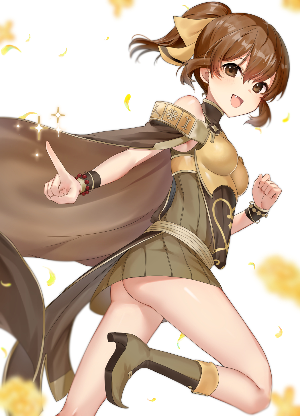 1girls :d armor ass bare_shoulders blurry boots bottomless breastplate brown_footwear brown_hair cape delthea_(fire_emblem) depth_of_field female female female_only fire_emblem fire_emblem_echoes:_shadows_of_valentia flower haru_(nakajou-28) high_heels highres leg_up legs looking_at_viewer medium_hair nintendo no_panties oerba_yun_fang open_mouth pointing ponytail running simple_background smile solo sparkle star_(symbol) white_background yellow_flower