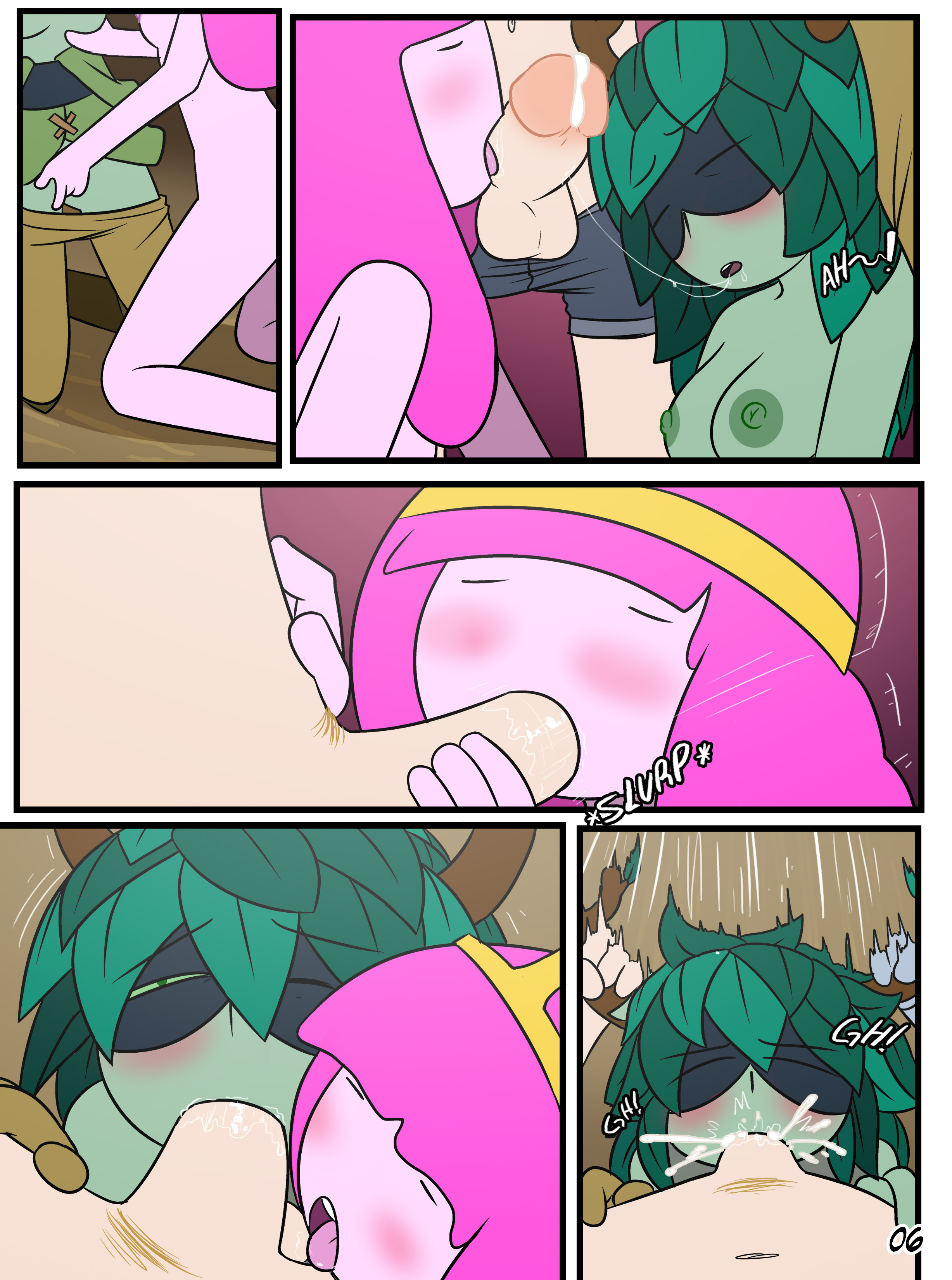 1boy, 2girls, adventure time, aunt maire, balls, blowjob, collaborative fellatio, comic, coolerinker, cum, cum in mouth, cum inside, cumming, drpizzaboi1, english text, female, fingering, finn the human, green hair, huntress wizard, inker comics, inkershike, male, navel, nipples, page 6, page number, penis, pink hair, princess bubblegum, sex, threesome