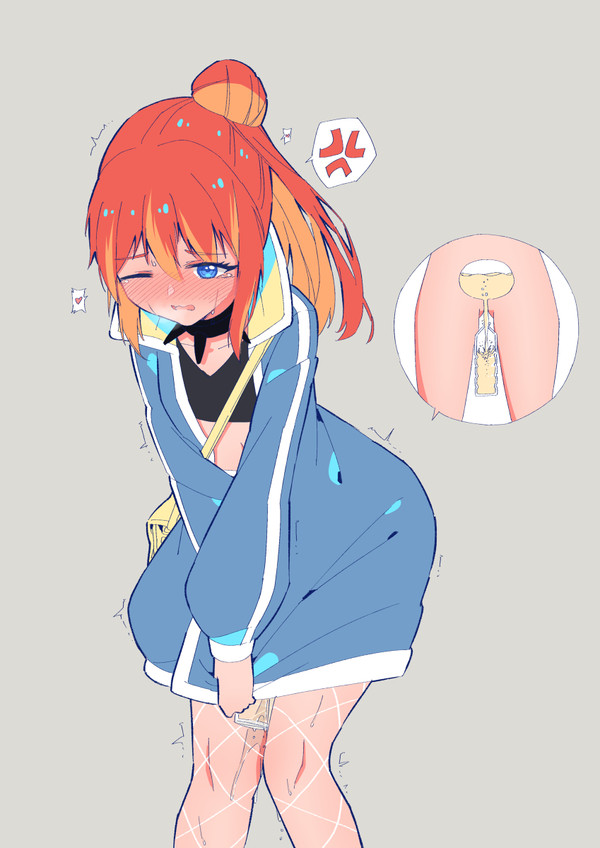 about_to_pee anxious belt blue_jacket covering_crotch fishnets have_to_pee need_to_pee nervous oc omorashi orange_hair original original_character panties peeing peeing_in_bottle peeing_in_cup peeing_into_container peeing_self ponytail rune_(artist) rune_(pixiv_25170019) watersports wet_panties wetting wetting_panties wetting_self white_panties white_skirt