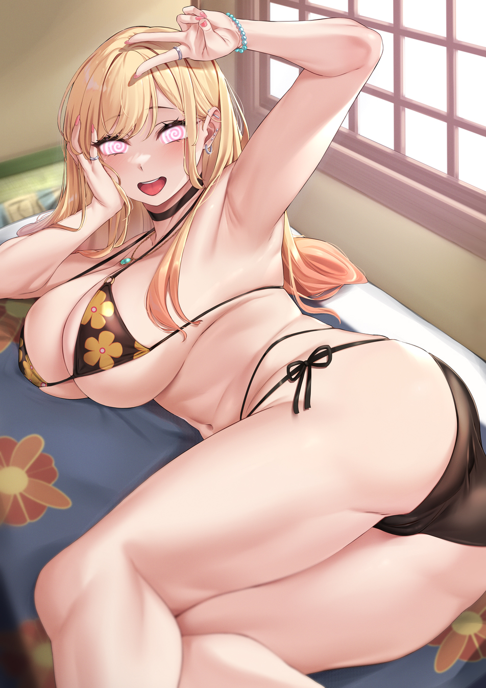 bikini, blonde hair, breasts, edit, female, female only, femsub, gyaru, hypnosis, jewelry, kitagawa marin, mind control, moisture (chichi), sono bisque doll wa koi wo suru, swirly eyes, v