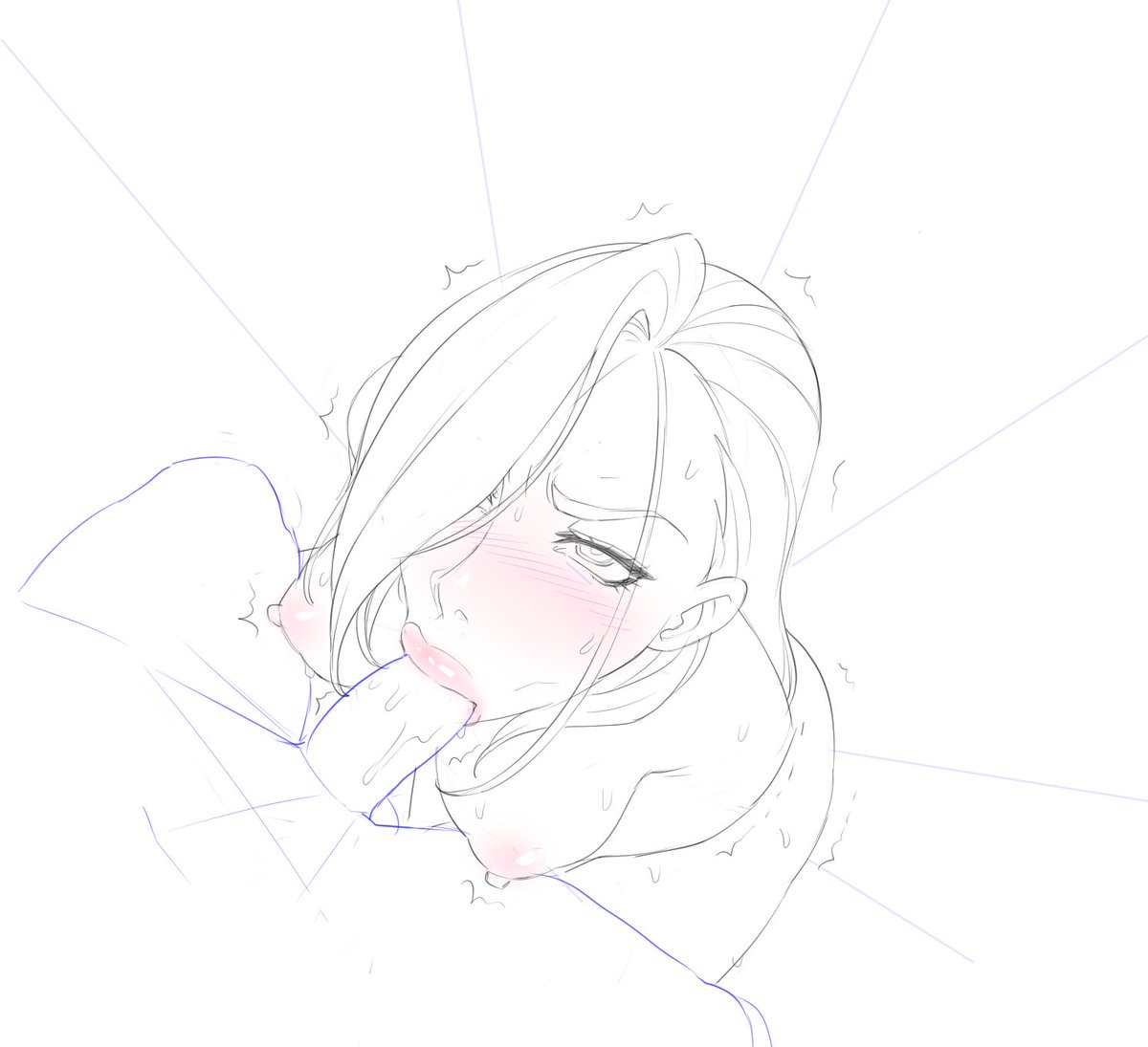 1boy, 1girls, blowjob, blush, breasts, female, fullmetal alchemist, hair over one eye, legoman, lipstick, male, monochrome, nipples, olivier mira armstrong, oral, penis, sketch, sucking penis, unseen male face