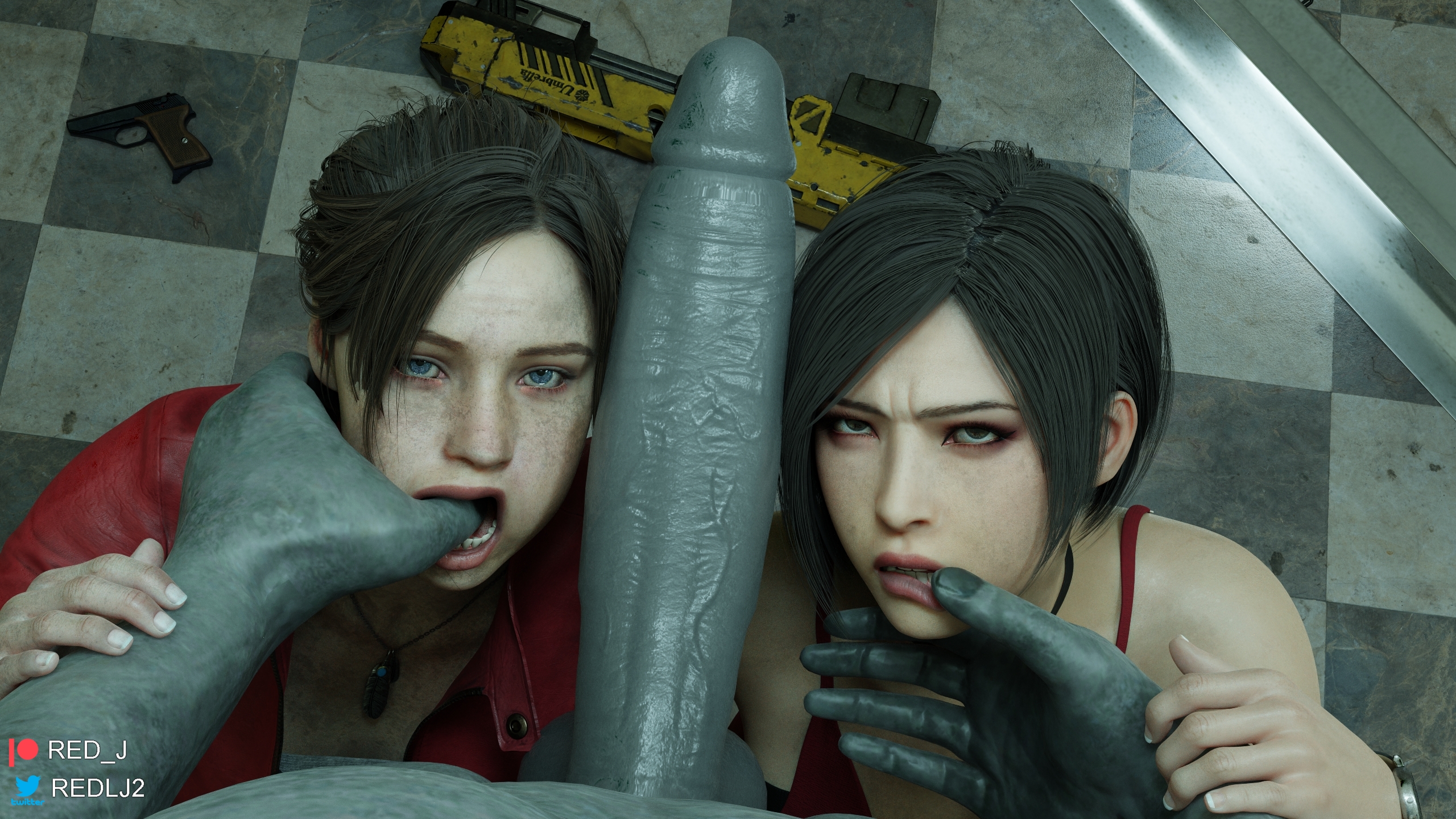 1monster, 2girls, 3d, ada wong, ada wong (adriana), black hair, blender (software), capcom, claire redfield, female, high resolution, huge cock, large penis, male, monster, mr x, penis, red lj, resident evil, resident evil 2, resident evil 2 remake, tyrant, unseen male face