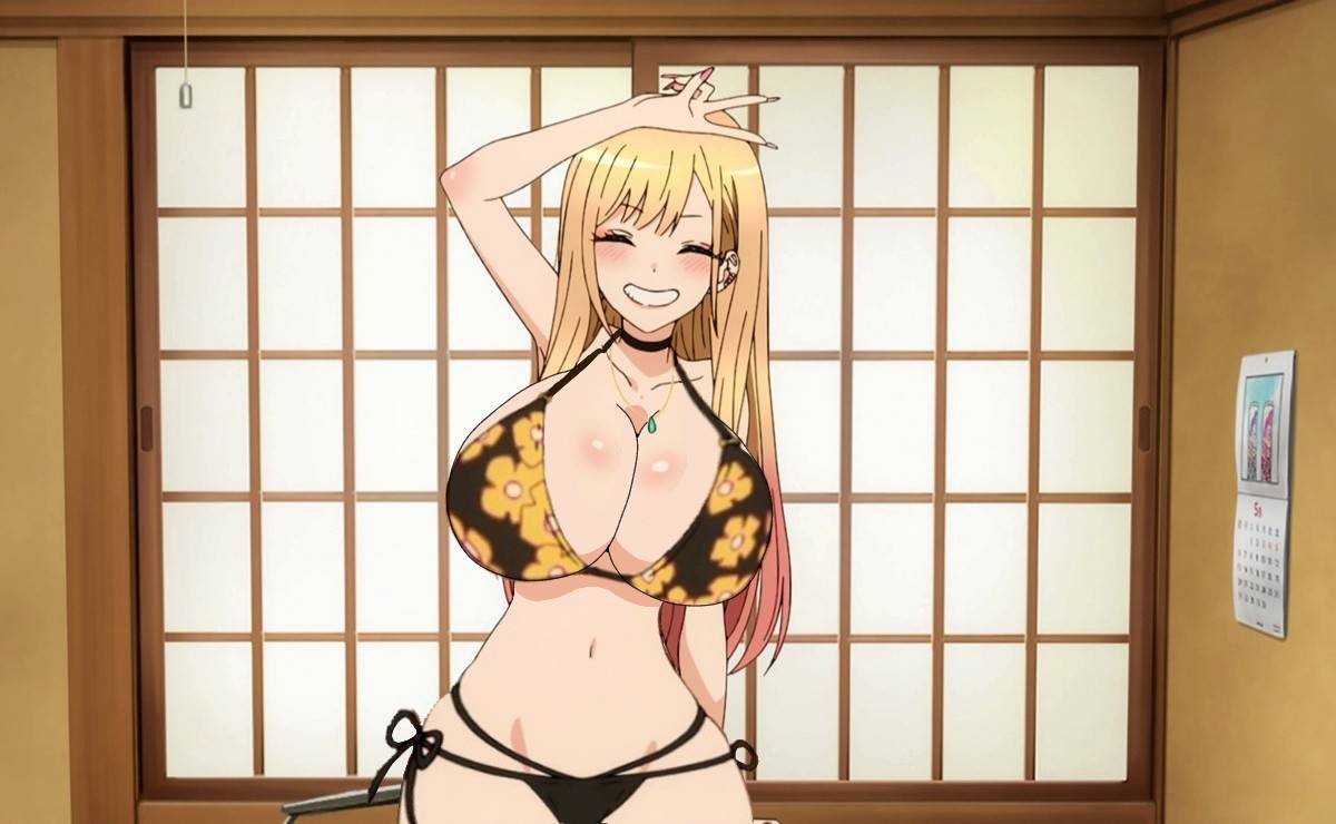 1girls, accurate art style, alternate breast size, alternative hip size, big breasts, blonde female, blonde hair, breasts, breasts bigger than head, choker, edit, female, female only, gyaru, huge breasts, human, kitagawa marin, smile, solo, sono bisque doll wa koi wo suru, string bikini, third-party edit, v