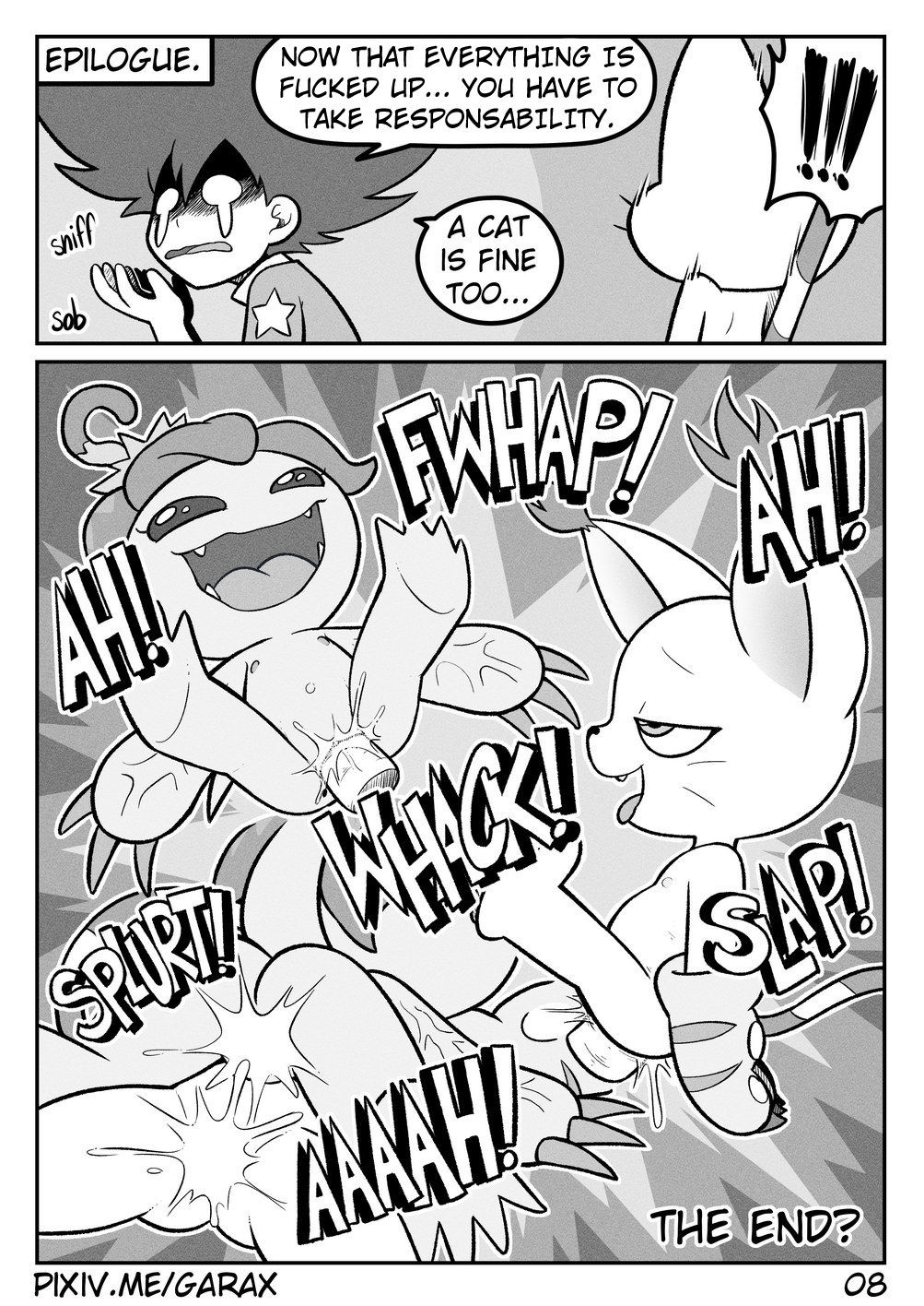 a_cat_is_fine_too black_and_white comic cub digimon digimon_(species) garabatoz gatomon human page_8 palmon pixiv_username sex tagme taichi_yagami text