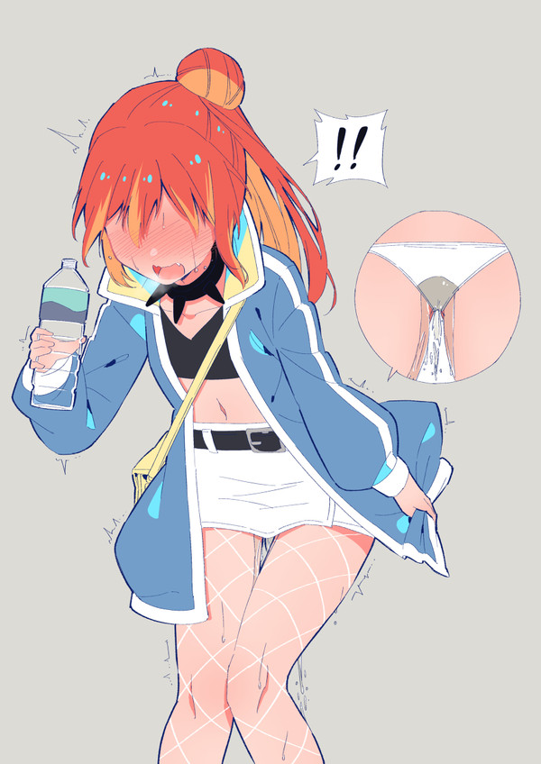 about_to_pee anxious belt blue_jacket blush fishnets have_to_pee holding_bottle looking_down need_to_pee nervous oc omorashi orange_hair original original_character peeing peeing_self ponytail rune_(artist) rune_(pixiv_25170019) watersports wetting wetting_panties wetting_self white_skirt