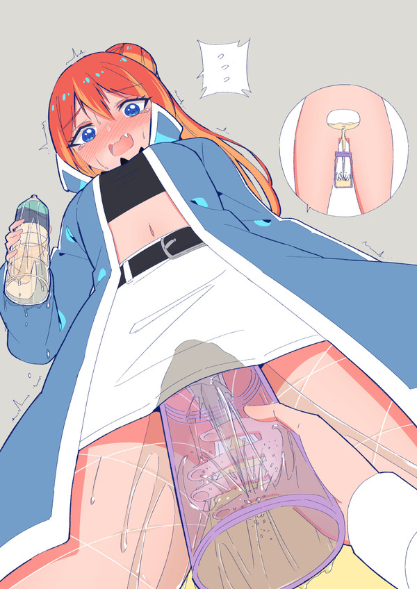 about_to_pee anxious belt blue_jacket fishnets happy have_to_pee navel need_to_pee nervous oc omorashi orange_hair original original_character panties pee_stain peeing peeing_in_bottle peeing_in_cup peeing_into_container peeing_self ponytail rune_(artist) rune_(pixiv_25170019) skirt stained_panties upskirt viewer_pov watersports wet_panties wet_skirt wetting wetting_panties wetting_self white_panties white_skirt