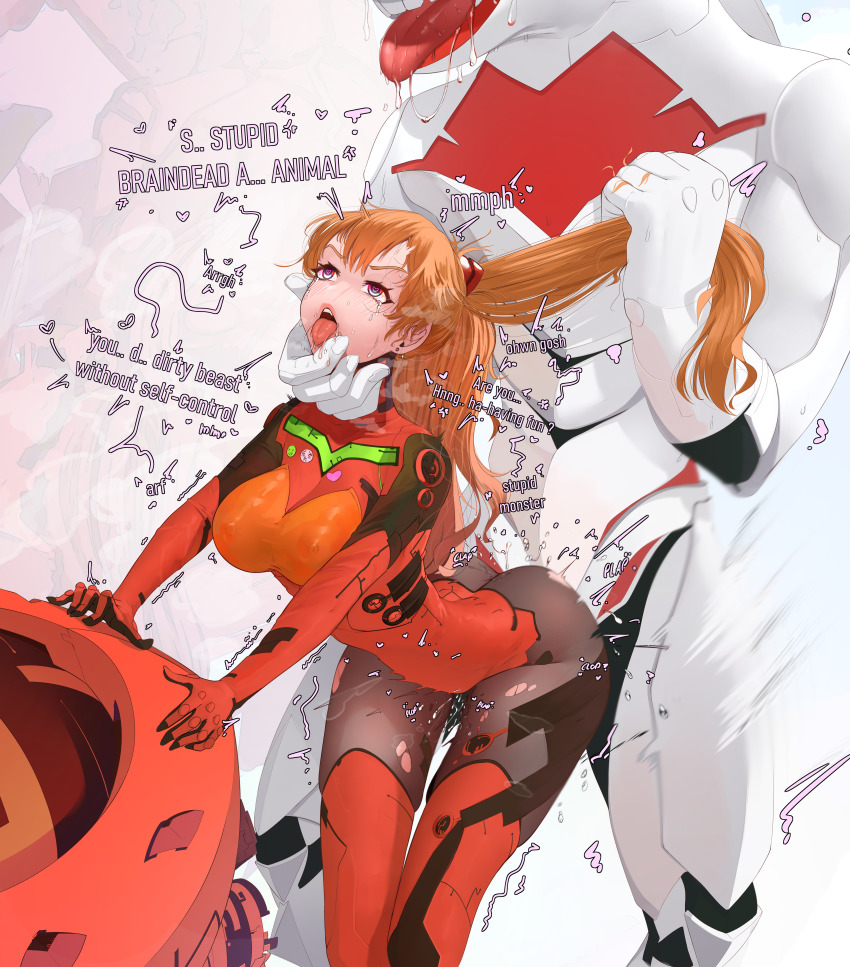 1boy 1girls asuka_langley_sohryu big_breasts big_penis bigpeachs dialogue dominant_male horsecock mass_production_eva monster neon_genesis_evangelion orange_hair plugsuit puririn_(puririiin) red_hair saliva secretly_loves_it sex stomach_bulge text tsundere