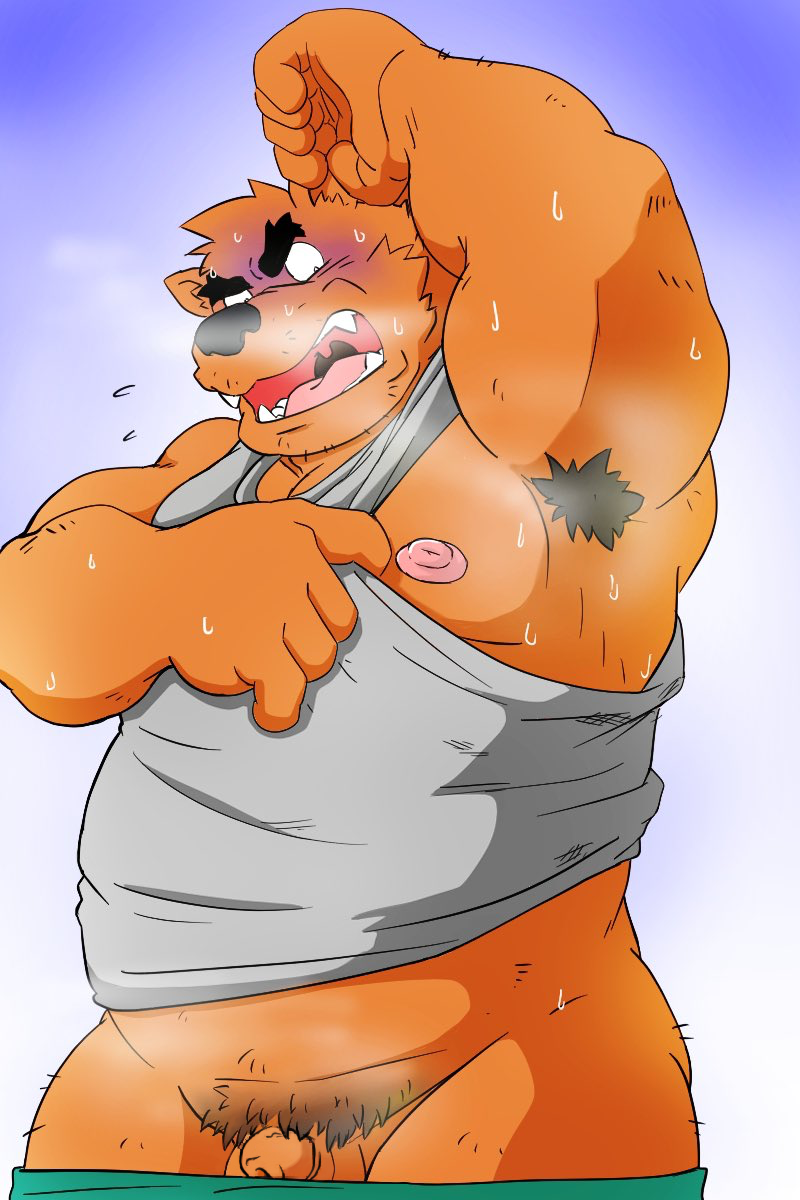 2022 2:3 anthro armpit_hair balls black_nose blush bodily_fluids body_hair clothing edit flaccid genitals hi_res kemono male male_focus male_only mammal musk overweight overweight_male penis pubes shibatanukiti shirt small_penis solo sweat topwear uncensored ursid