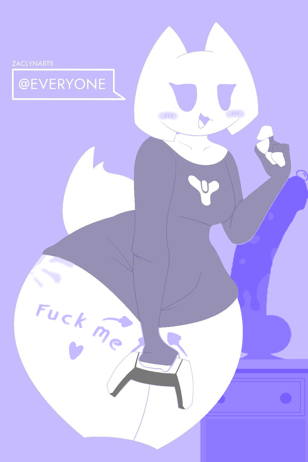 1girls, animal ears, anthro, ass, bedroom eyes, blue eyes, blush, bottom heavy, bottomless, bungie, cat ears, clyde (discord), controller, destiny (game), dildo, discord, discord (app), female, handprint, handprint on ass, huge dildo, humanoid genitalia, humanoid penis, large ass, male, nightstand, no outlines, penis, precum, shirt, sperm cell, tail, thick ass, thick legs, thick thighs, writing on ass, writing on body, writing on butt, writing on skin, zaclyn