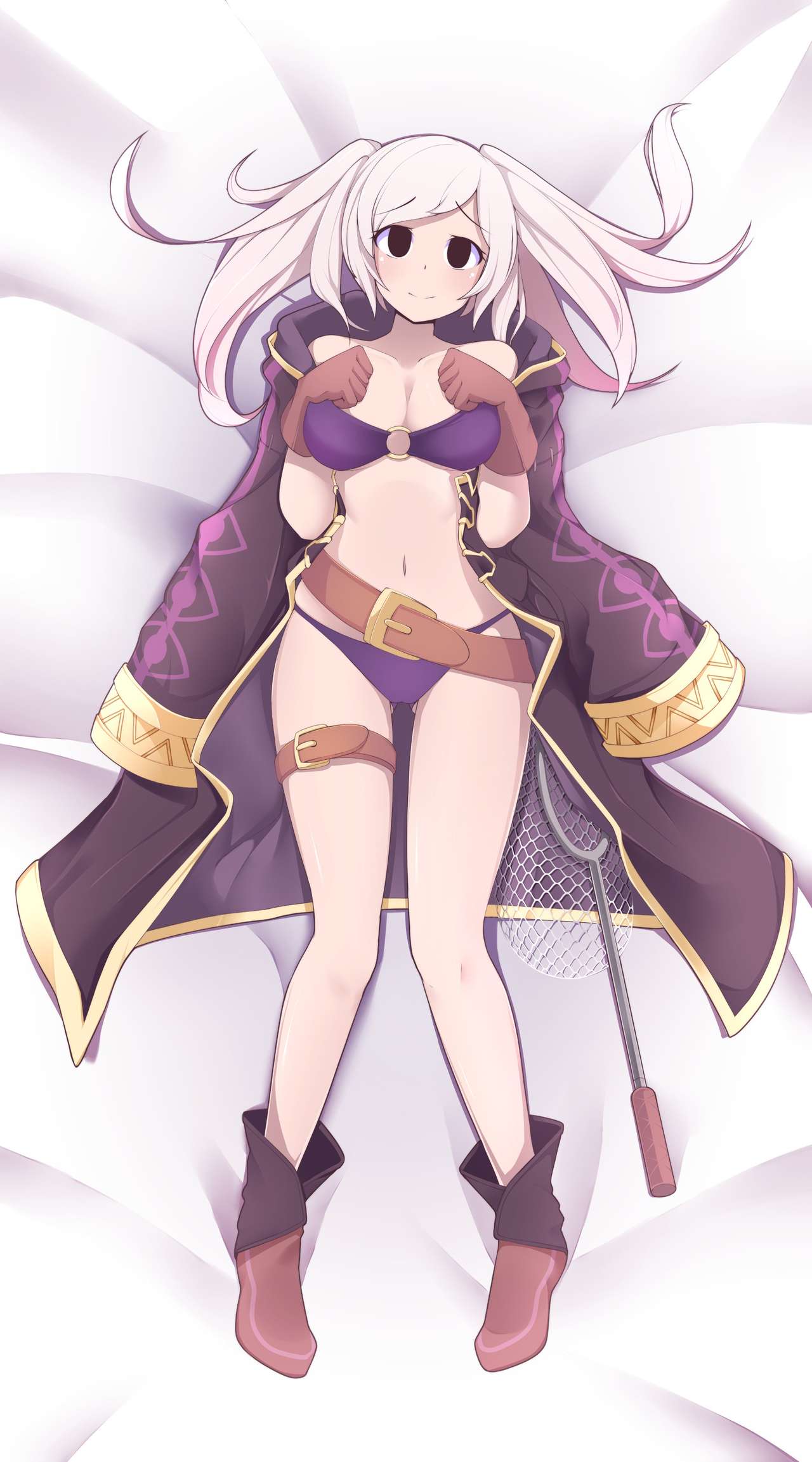 1girls adorable ass belt bodypillow breasts coat_on_shoulders cute dakimakura_design fire_emblem fire_emblem_awakening fire_emblem_heroes fizintine gloves hands_on_breasts leg_belt net official_alternate_costume robin_(female)_(summer)_(fire_emblem) robin_(fire_emblem) robin_(fire_emblem)_(female) shoes smile soft swimsuit thighs white_background white_hair wholesome