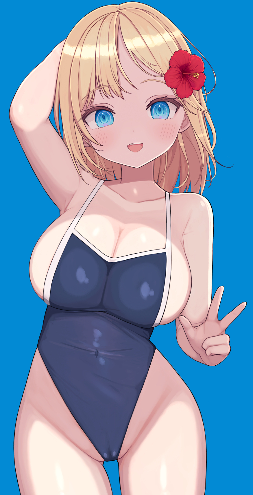 :d, arm behind head, ass visible through thighs, bare arms, bare shoulders, blonde female, blonde hair, blue background, blue eyes, blue swimsuit, blush, breasts, bursting breasts, cameltoe, competition school swimsuit, covered navel, cowboy shot, female, flower, hair flower, hair ornament, highleg, highleg swimsuit, highres, hololive, hololive english, hololive myth, large breasts, looking at viewer, medium hair, one-piece swimsuit, pussy, rose neru, school swimsuit, simple background, smile, solo, swimsuit, teeth, thigh gap, undersized clothes, upper teeth, virtual youtuber, w, watson amelia