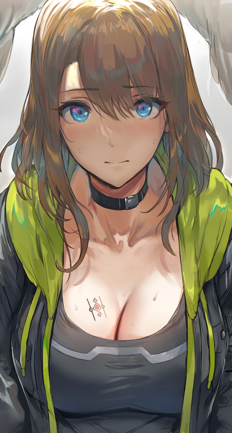 1girls, bangs, black choker, blonde female, blonde hair, blue eyes, blush, breasts, choker, cleavage, collar, eunie (xenoblade), facing viewer, female, female focus, female only, head wings, hews hack, huge breasts, large breasts, looking at viewer, markings, pov eye contact, solo, solo female, solo focus, tattoo, wings, xenoblade (series), xenoblade chronicles 3
