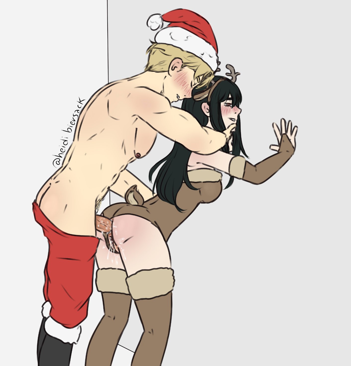 1boy, 1girls, against wall, anal, anal sex, anus, ass, christmas clothing, dilf, erection, female, from behind position, heidibiersack, leotard, leotard aside, loid forger, long socks, male, milf, penis, pussy, pussy juice, reindeer costume, santa costume, smile, spy x family, standing sex, straight, vulva, yor briar