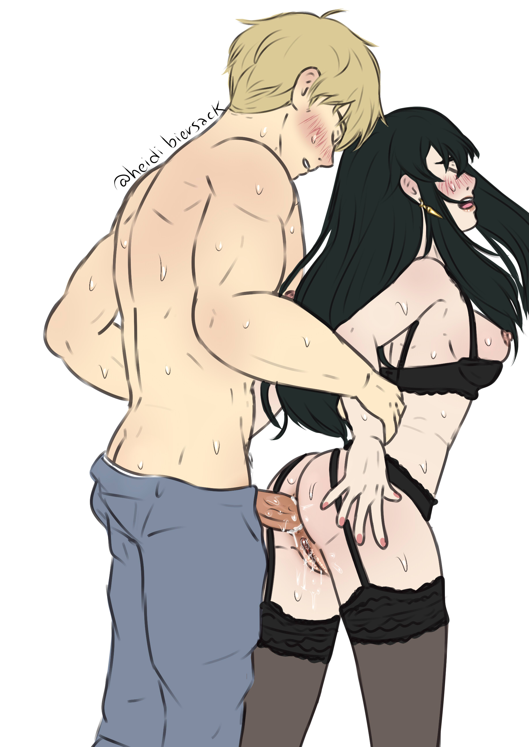 1boy, 1girls, anal, anal sex, anus, arms behind back, arms held back, ass, black hair, blonde hair, bra, breasts, dilf, erection, female, from behind position, garter belt, garter straps, heidibiersack, lingerie, loid forger, long socks, male, milf, nipples, penis, pussy, pussy juice, spy x family, standing sex, straight, vulva, wrist grab, yor briar