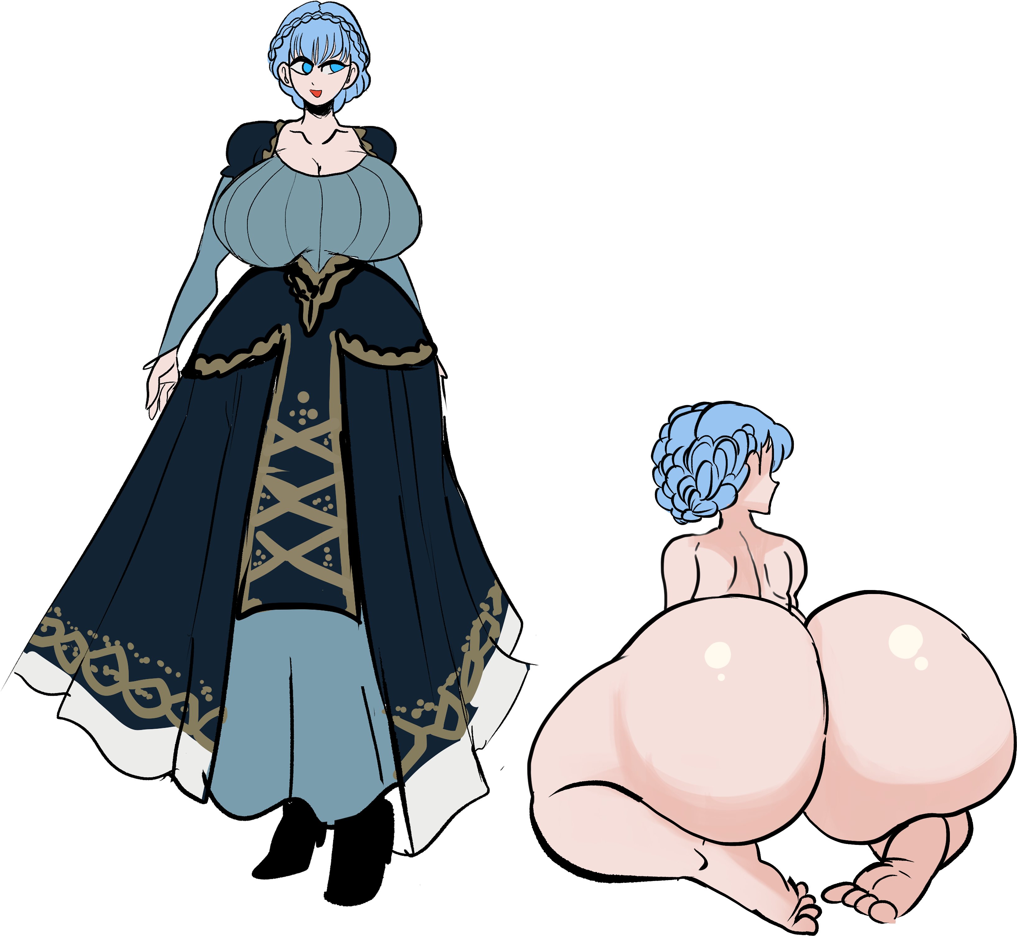 1girls, alternate ass size, alternate breast size, ass, blue eyes, blue hair, breasts, cleavage, completely nude, dress, female, female only, fire emblem, fire emblem: three houses, full body, high heels, huge ass, huge breasts, kneeling, lemonadepikachu, light blue hair, marianne von edmund, nintendo, nude, nude female, short hair, smile, thick thighs, tied hair