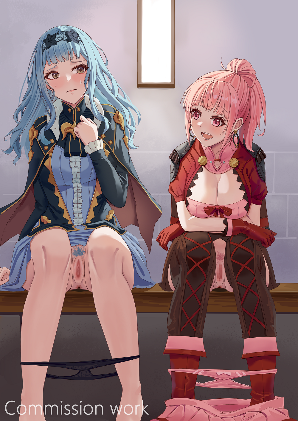 2girls, alternate costume, alternate hairstyle, anus, bangs, bare legs, barefoot, blue hair, blue panties, boots, bottomless, breasts, brown eyes, censored, cleavage, clothed, earrings, embarrassed, female, female only, female pubic hair, fire emblem, fire emblem warriors: three hopes, fire emblem: three houses, gloves, hilda valentine goneril, hilda valentine goneril (helping hand), indoors, large breasts, legs, light blue hair, long hair, marianne von edmund, medium hair, nintendo, official alternate costume, official alternate hairstyle, open mouth, panties, panties down, pink eyes, pink hair, pink panties, ponytail, pubic hair, pussy, skirt, skirt down, smile, solo, toilet, toilet use, underwear