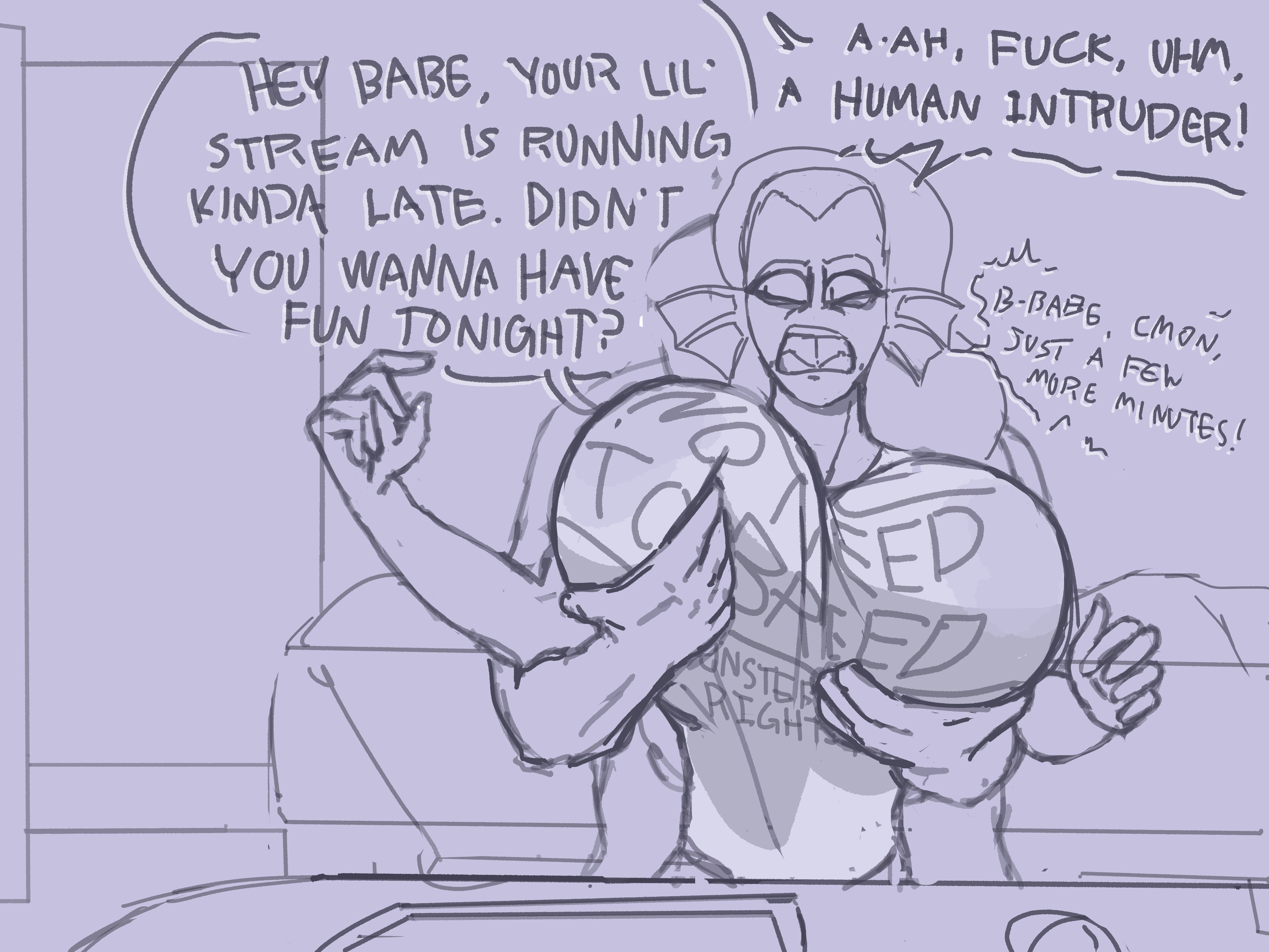 1boy, 1girls, 2d, bedroom, big breasts, breasts, female, groping, groping from behind, male, monster girl, putricia, text, undertale, undertale (series), undyne