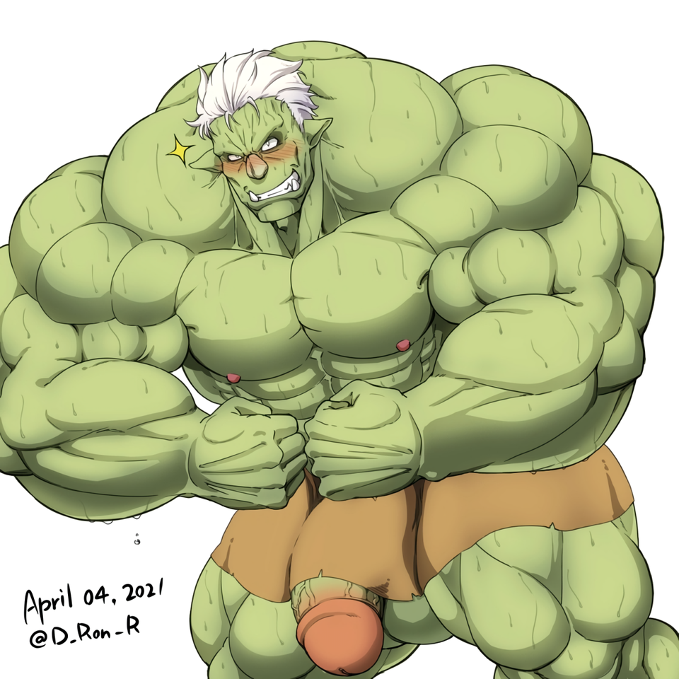 balls bara big_balls big_penis d_ron_r gay green_skin male male_only muscles muscular penis rigurd solo solo_male sweaty that_time_i_got_reincarnated_as_a_slime white_background ろん