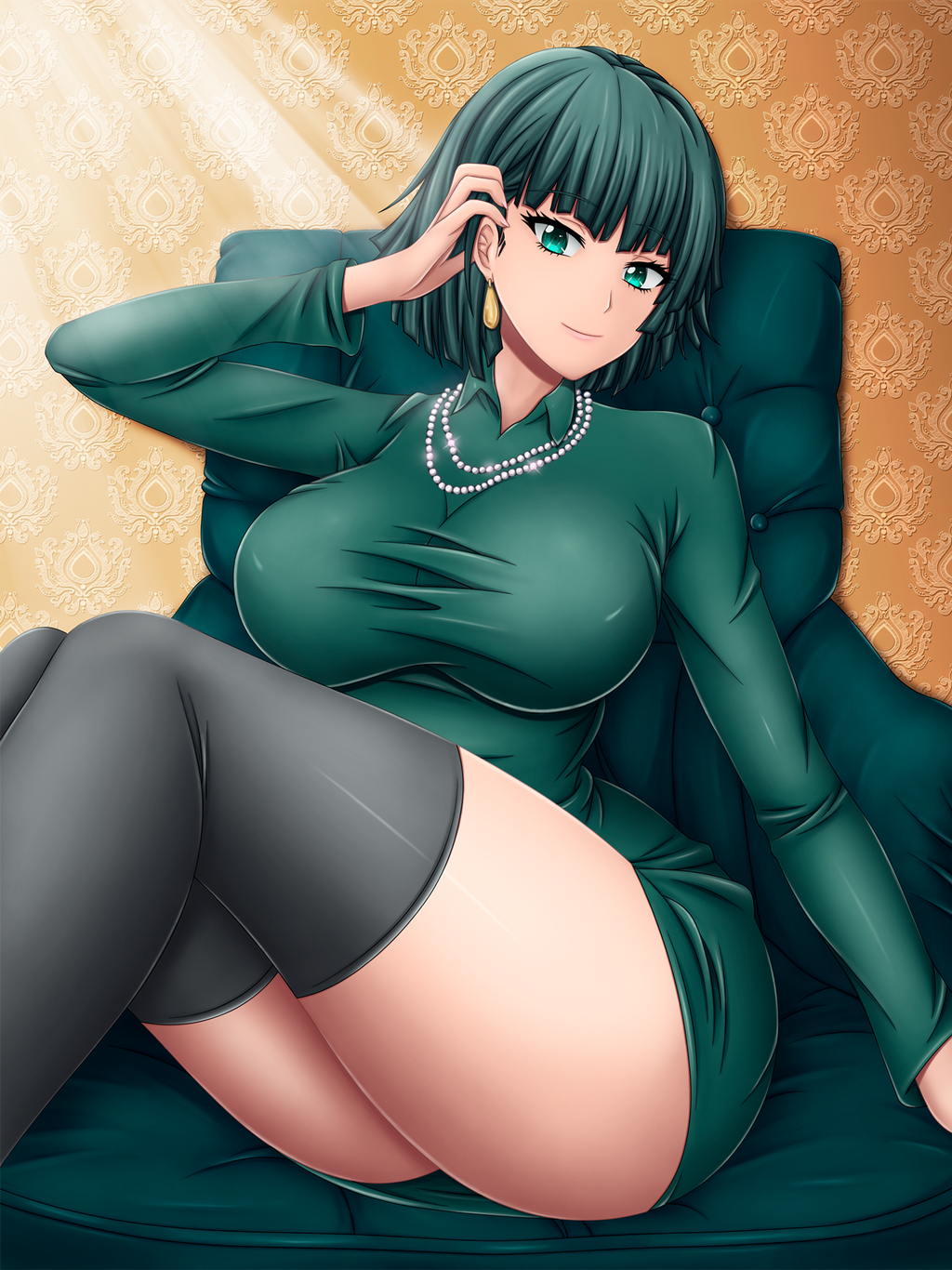 1girls arm_up ass bangs big_ass big_breasts big_butt bob_cut boots breasts busty clothed clothing couch covered_breasts curvaceous curvy curvy_body curvy_female curvy_figure dark_green_hair dress earrings eye_contact eyelashes female female_focus female_only fringe front_view fubuki_(one-punch_man) green_dress green_eyes green_hair hair_behind_ear hand_on_hair heroine high_boots hips hourglass_figure jewelry large_breasts legs legs_together legs_up light-skinned_female light_skin lips lipstick long_sleeves looking_at_viewer medium_hair midriff miniskirt necklace one-punch_man pearl_necklace pink_lips pink_lipstick short_hair short_skirt sitting sitting_on_couch skyf0rtress slim slim_waist smile smiling_at_viewer smirk sofa solo solo_female solo_focus stockings thick thick_legs thick_thighs thighs thin_waist tight_clothing tight_dress voluptuous waist wide_hips