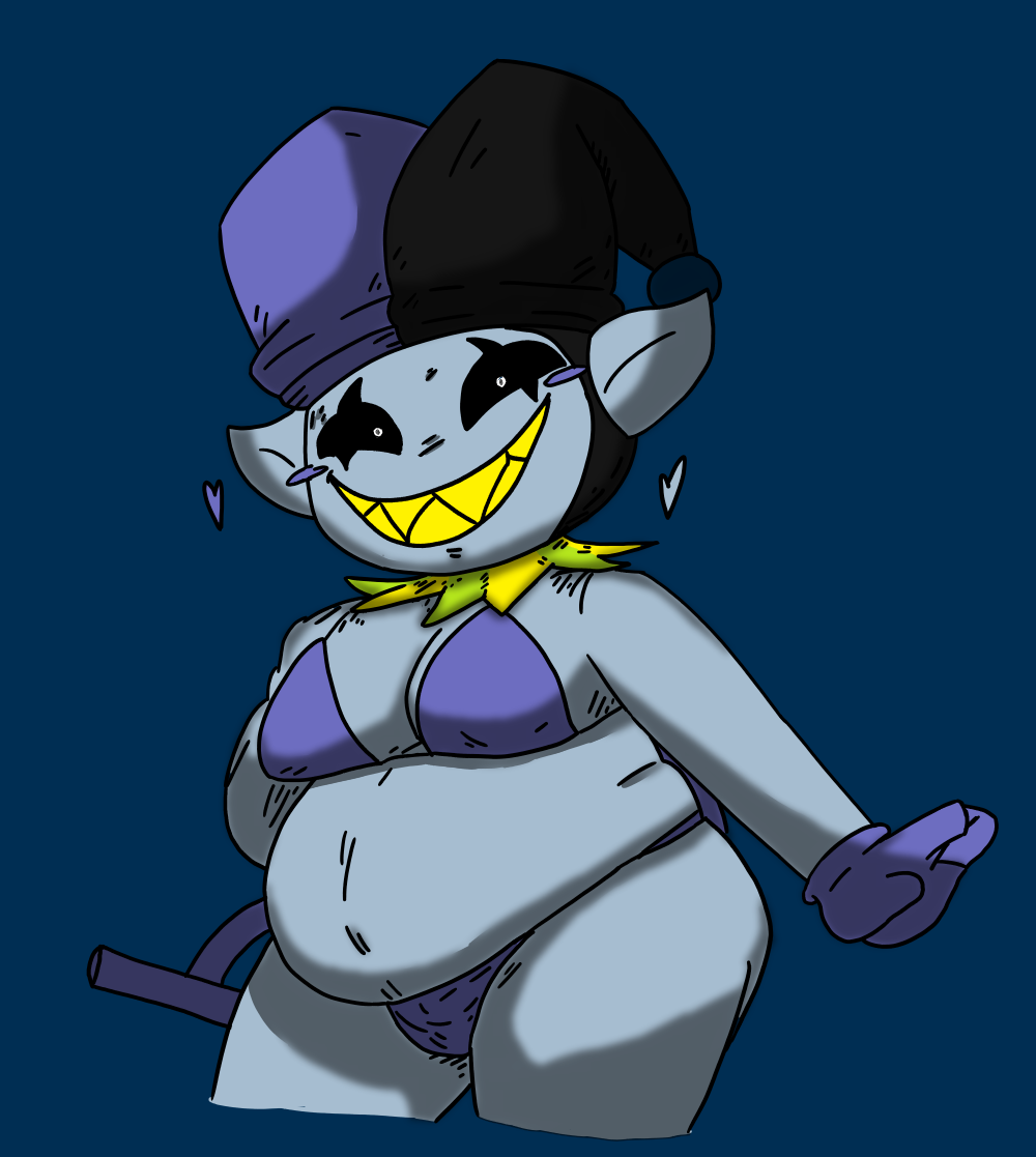 <3 1boy belly big_breasts big_moobs bikini bikini_bottom bikini_top black_sclera breasts bulge chubby chubby_male clothed clothing colored colored_sketch darkner deep_navel deltarune edit fool's_hat grin hat headgear headwear humanoid humanoid_pointy_ears jester jevil_(deltarune) locitony male male_only moobs mostly_nude navel nipple_outline not_furry obese obese_male overweight overweight_humanoid overweight_male sharp_teeth short_stack shortstack smile solo solo_male standing swimwear teeth thick_thighs undertale_(series) video_games