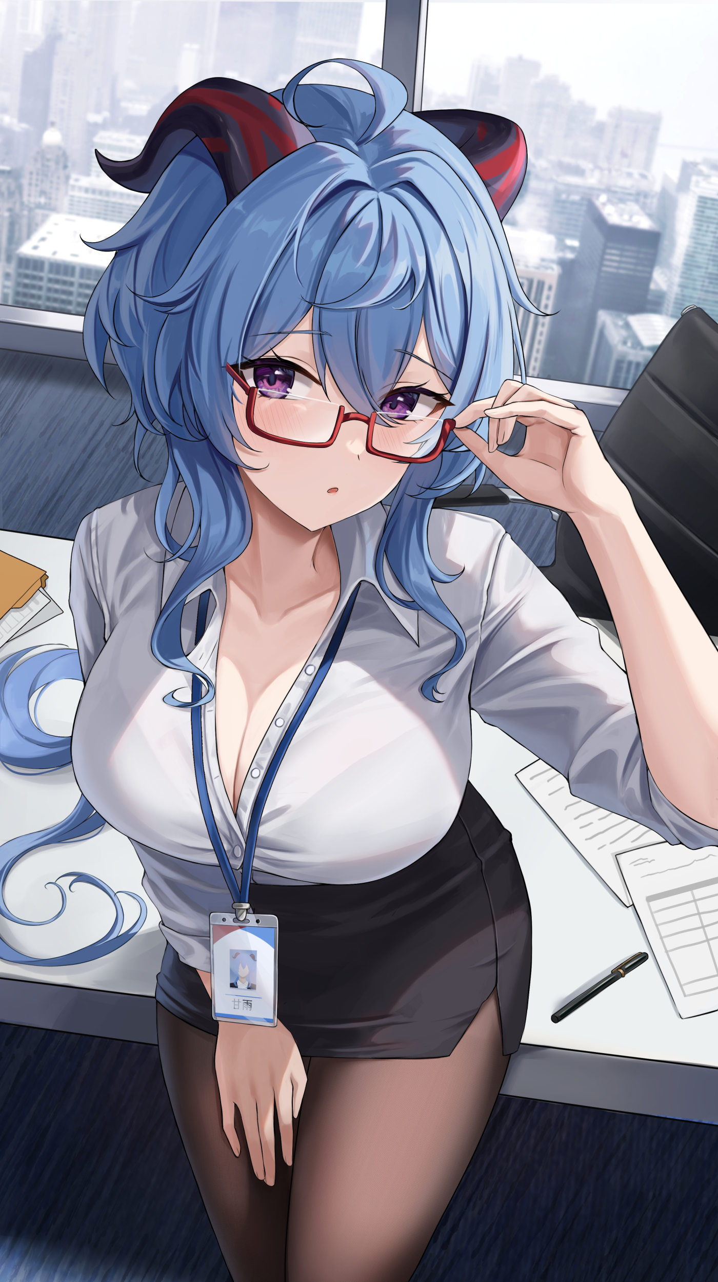 1girls, big breasts, blue hair, breasts, busty, cleavage, female, ganyu (genshin impact), genshin impact, glasses, hi res, id card, looking at viewer, office, office lady, pantyhose, purple eyes, secretary, see-through clothing, skirt, unbuttoned