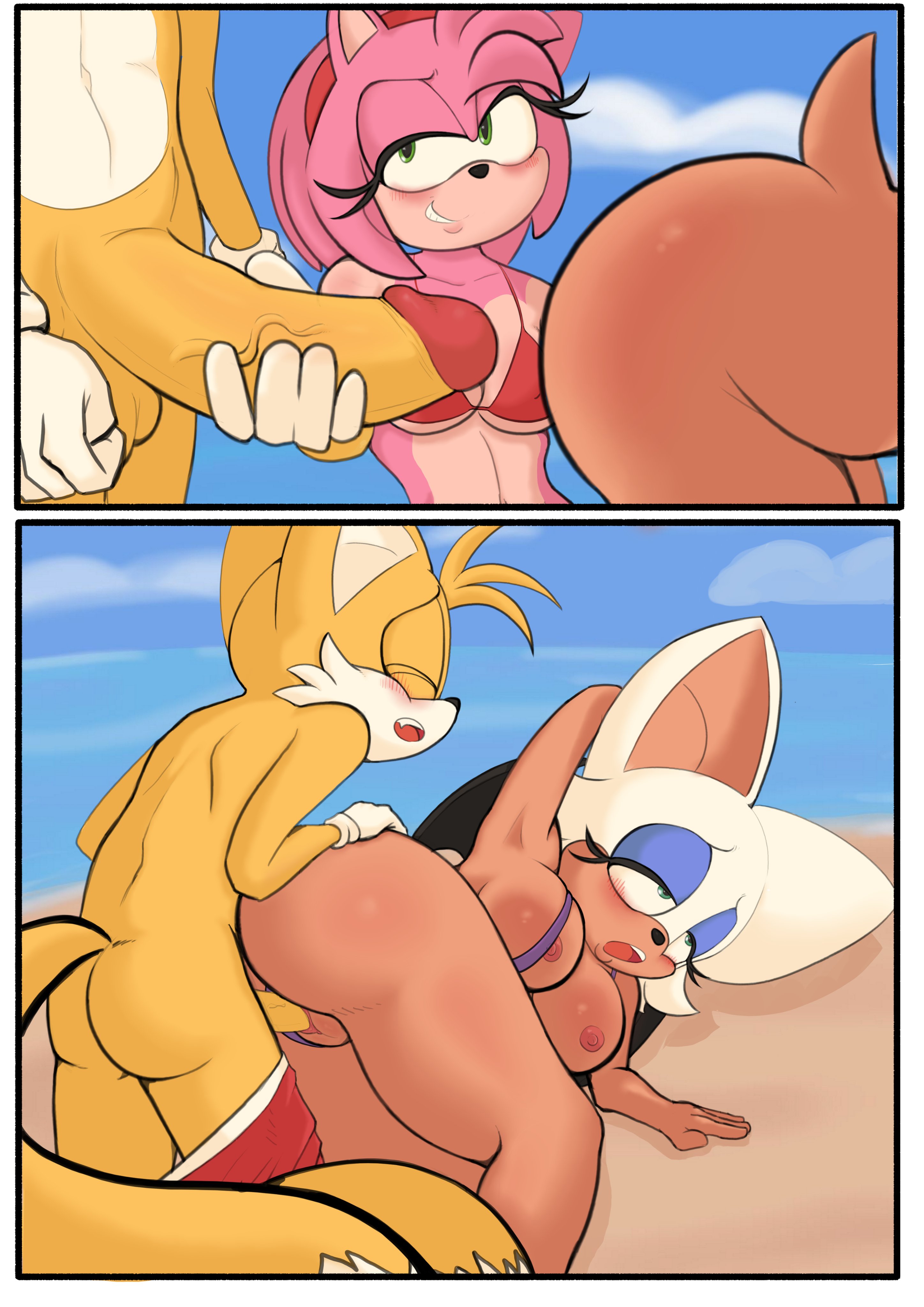 1boy, 2girls, absurd res, age difference, amy rose, anthro, bat, beach, bedroom eyes, big breasts, big penis, bikini, blush, bra, breasts, cleavage, comic, erection, eyeshadow, female, fox, grabbing penis, hedgehog, hi res, huge cock, larger female, makeup, male, mascara, miles prower, older female, partially clothed, penetration, penis, pinkfalcon, pussy, rouge the bat, sex, size difference, smaller male, sonic (series), swimsuit, swimwear, tails, tails the fox, trio, vagina, vaginal penetration, veiny penis, younger male