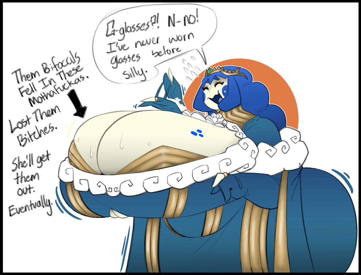 1girls, 2021, anthro, ass, big ass, big breasts, blue hair, breasts, cleavage, dialogue, dongwongtang, dress, english text, eyes closed, female, flying sweatdrops, fully clothed, gigantic breasts, huge ass, huge breasts, hyper bimbo, large ass, large breasts, mature female, nervous, oc, original, original character, solo, solo focus, speed lines, text, top heavy, white background, wide hips, wiggle lines, yseult of the light