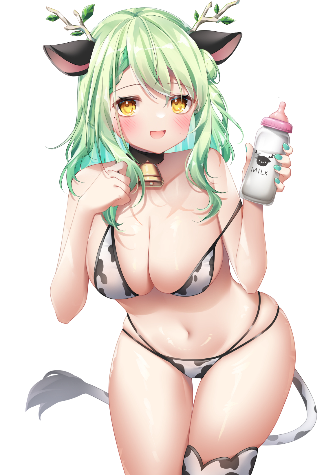 beauty mark, bell collar, bikini, bikini bottom, bikini top, blush, blush lines, breasts, ceres fauna, choker, cow bikini, cow ears, cow print, cow tail, cowbell, female, flowers in hair, green hair, hologram, hololive, hololive english, hololive english -council-, hololive english -promise-, horns, large breasts, looking at viewer, milk bottle, pov, pov eye contact, single thighhigh, smile, smiling at viewer, virtual youtuber, white background, yellow eyes