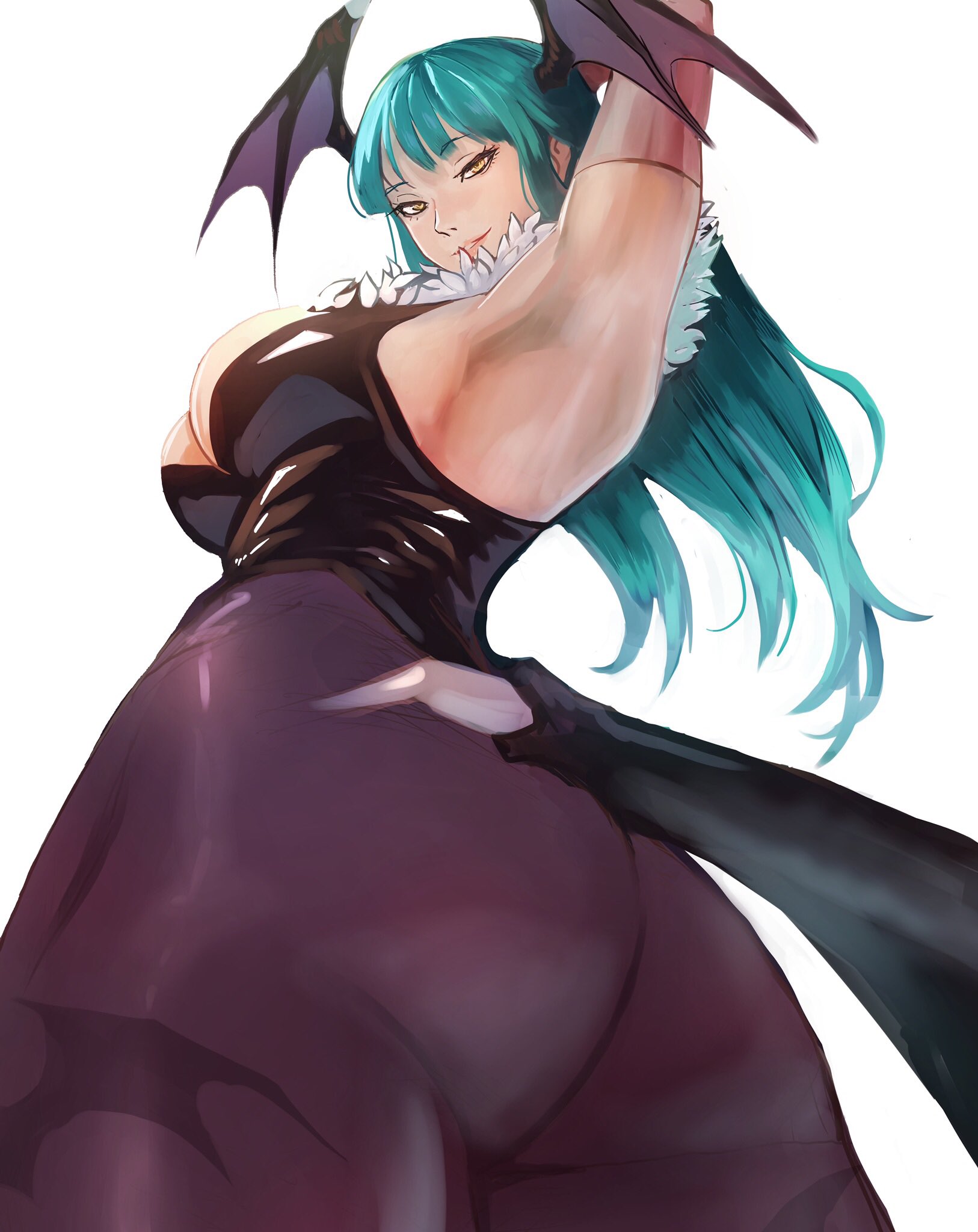 1girls, armpit, arms behind head, ass, bat print, breasts, capcom, clothing, darkstalkers, demon, demon wings, female, female only, green hair, head wings, hi res, leotard, long hair, looking at viewer, medium breasts, meke, morrigan aensland, narrowed eyes, pantyhose, pink lips, purple pantyhose, smiling at viewer, solo, solo female, succubus, viewed from below, white background, wings, yellow eyes