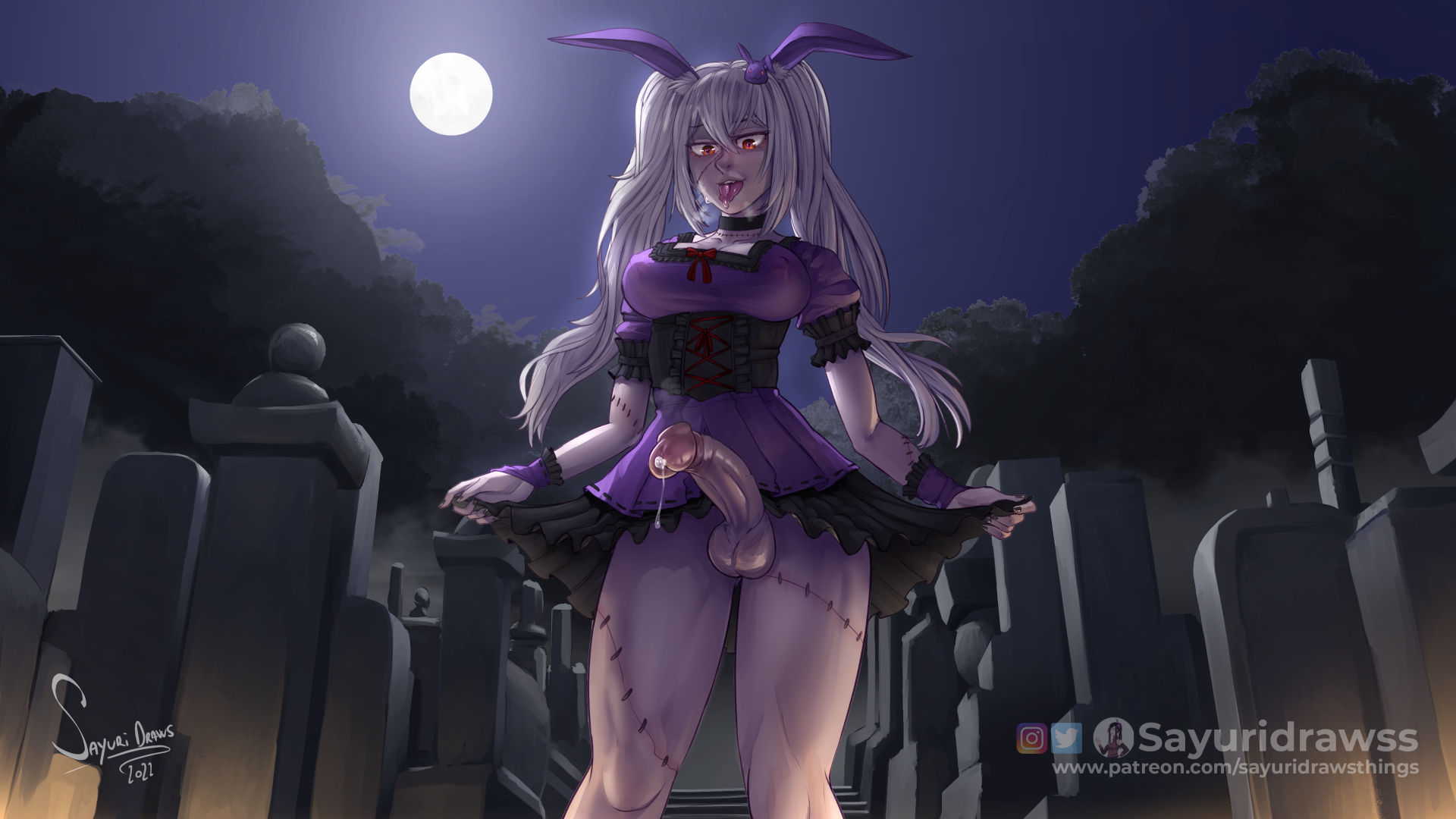 1futa, backlighting, balls, big breasts, big penis, bottomless, breasts, bunny ears, bunny girl, choker, clothed, clothing, corset, detailed, detailed background, dress lift, erect penis, erection, female, frills, futa only, futanari, hairless balls, hairless penis, human, intersex, light skin, light-skinned futa, lolita fashion, looking at penis, looking down, moonlight, mostly clothed, nipple bulge, penis, precum, precum drip, presenting penis, red eyes, sayuridrawsthings, scars, self upload, solo, standing, thick thighs, tombstone, tongue, tongue out, twintails, undead, white hair, zombie, zombie girl