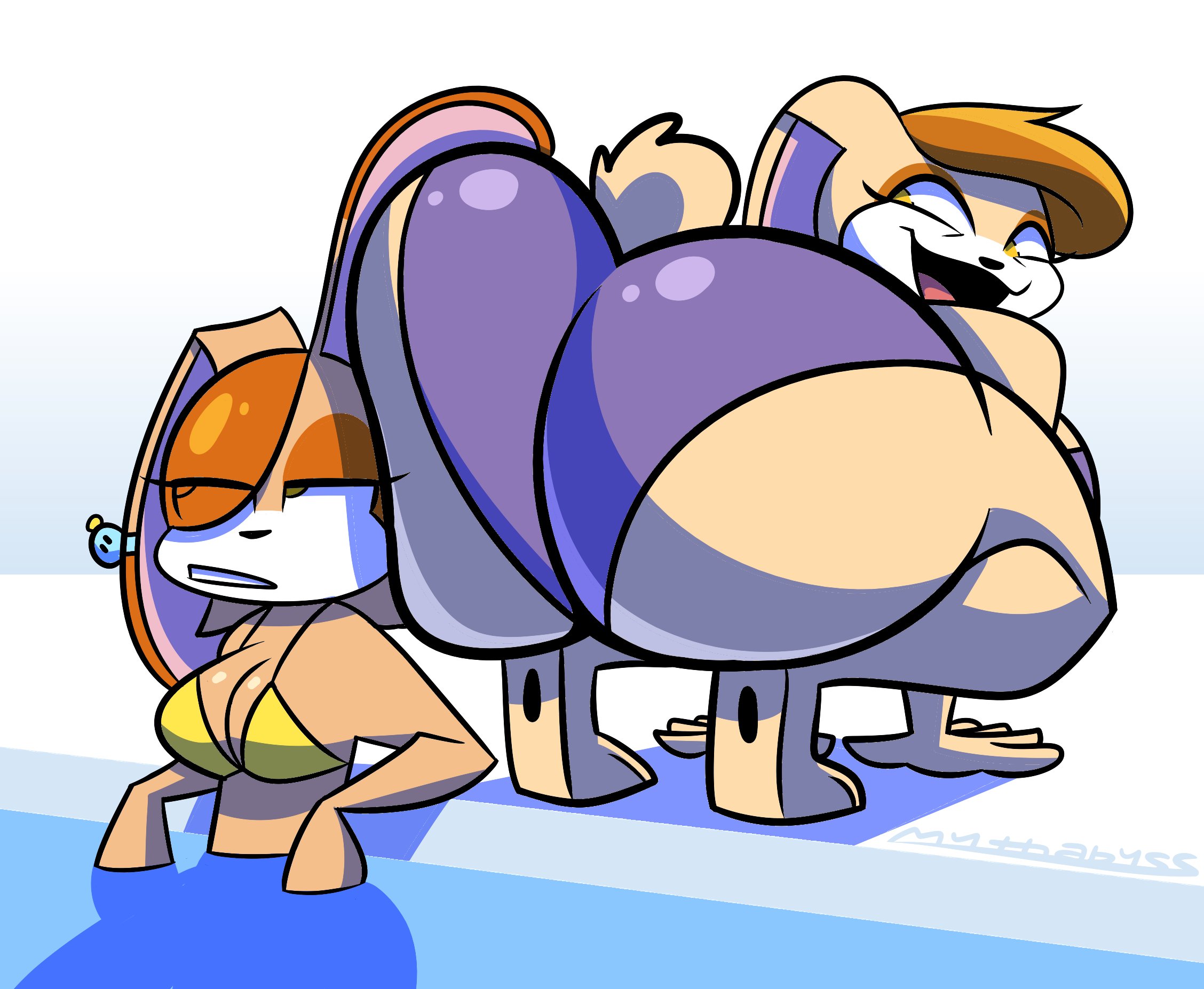 2girls, all fours, anthro, ass, ass in face, big ass, bikini, breasts, bubble ass, bubble butt, clothing, cream the rabbit, fat ass, female, female only, huge ass, lagomorph, milf, mother and daughter, mythabyss, pool, poolside, rabbit, sega, sonic (series), sonic the hedgehog (series), swimsuit, tease, teasing, thick thighs, unamused, vanilla the rabbit