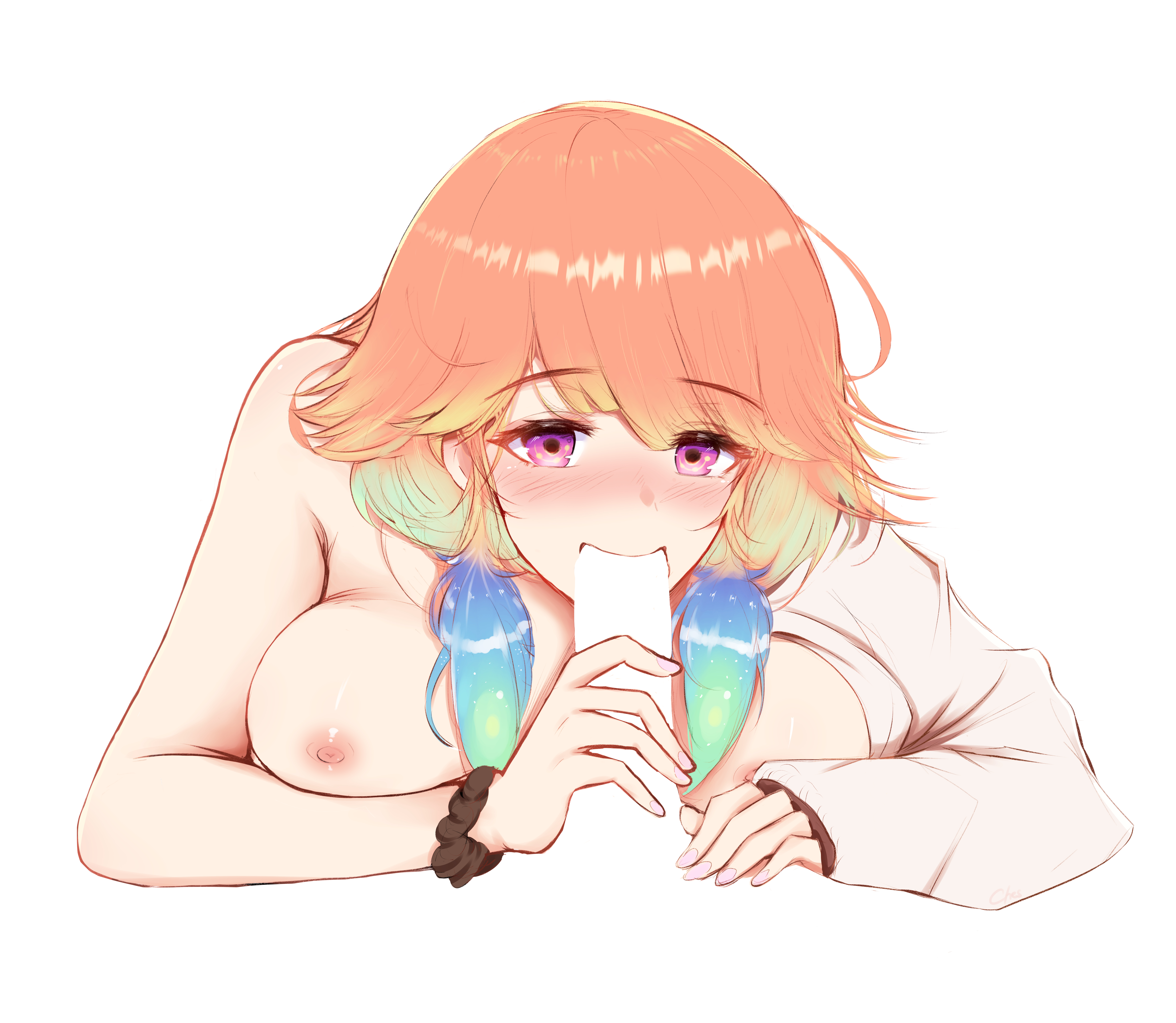 1boy, 1girls, big breasts, blowjob, blush, breasts, censored, ches (artist), female, holding penis, hololive, hololive english, hololive myth, looking at viewer, male, multicolored hair, nude, orange hair, penis, purple eyes, takanashi kiara, virtual youtuber, white background