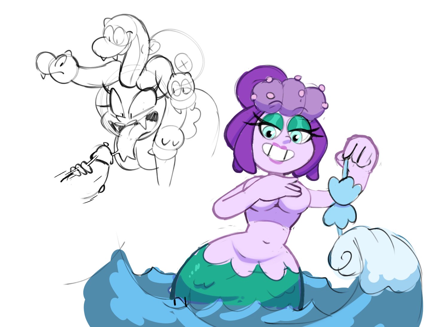 big breasts, blue eyes, breasts, cala maria, cuphead (game), exposed breasts, female, female only, gorgon, huge breasts, large breasts, lipstick, male, merfolk, mermaid, monamania, penis, seashell bra, snake, tagme, wide hips