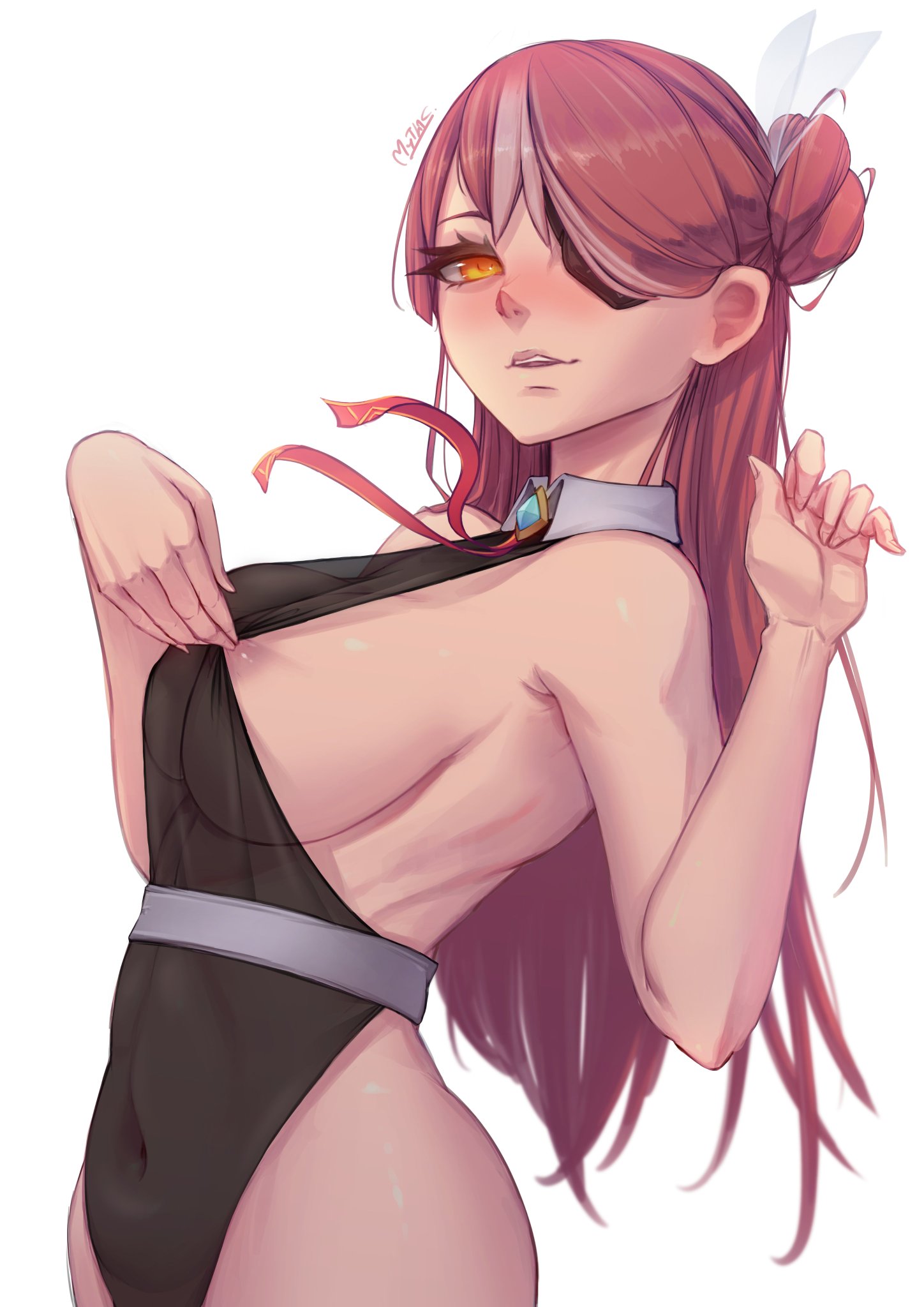 1girls, artist signature, black leotard, breasts, clothes pull, eyepatch, female, hololive, hololive fantasy, hololive japan, houshou marine, leotard, looking at viewer, myth1c, nipple slip, red hair, see-through clothing, virtual youtuber, white background, yellow eye