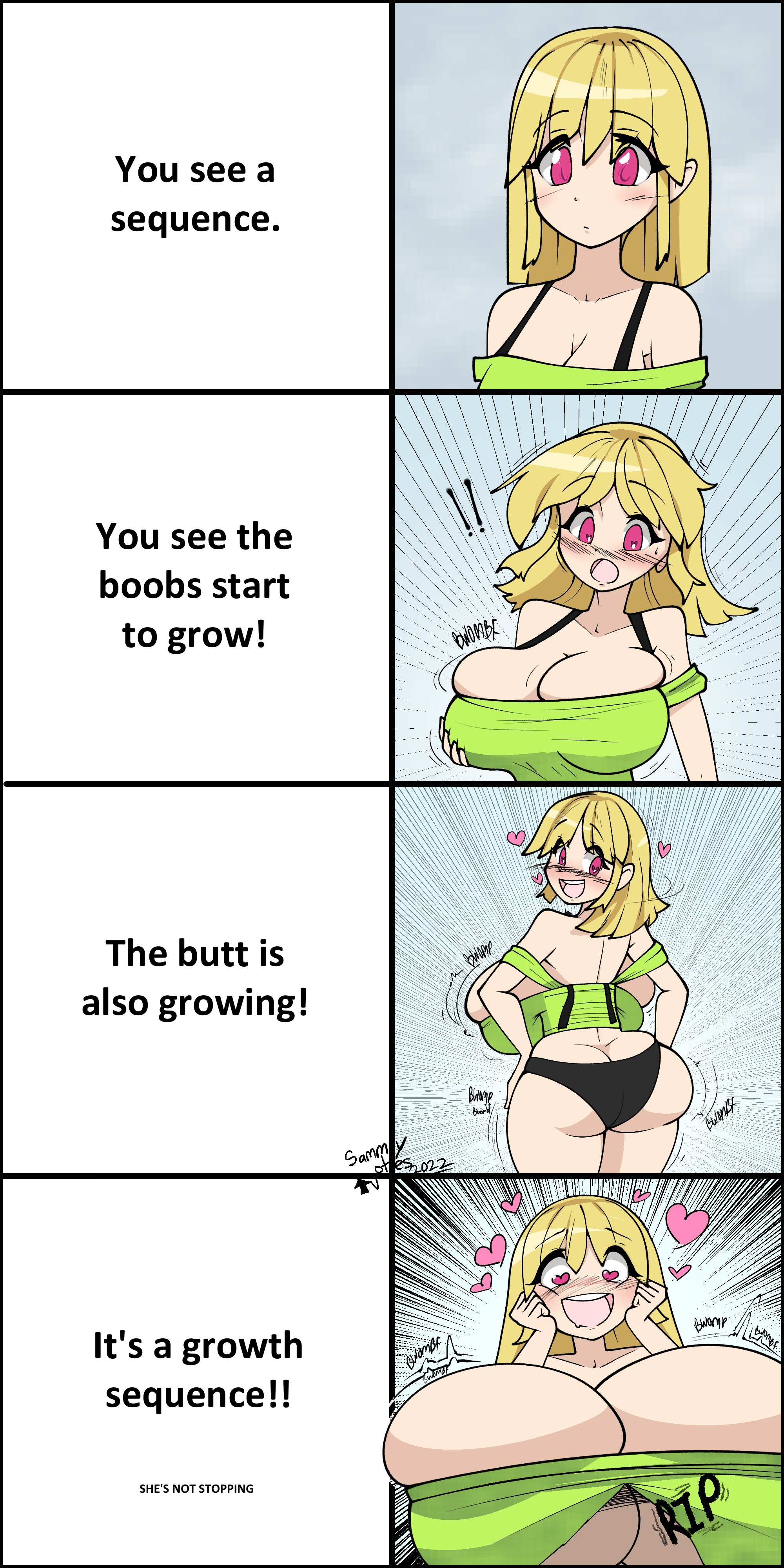 ass, ass cleavage, ass crack, ass expansion, big ass, big breasts, blonde female, blonde hair, blush, breast expansion, breast growth, breast growth (enlargement), breasts, breasts bigger than head, breasts bigger than torso, bursting breasts, butt crack, cleavage, comic, expansion, female, growth, growth sequence, huge breasts, hyper, hyper breasts, meme, no bra, overflowing breasts, panties, purple eyes, sammyupvote, tagme, thick ass, thigh expansion, torn clothes, underwear, wardrobe malfunction