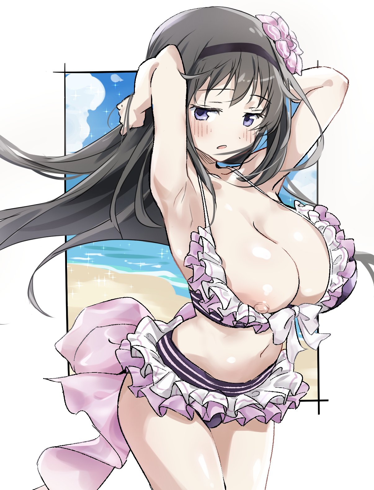 akemi_homura alternate_breast_size alternate_version_available areola_slip armpits arms_up bangs beach bikini black_hair blush breasts day female flower frilled_bikini frills hair_flower hair_ornament hairband large_breasts long_hair looking_at_viewer mahou_shoujo_madoka_magica momoiro_tunozemi navel nipple_slip nipples open_mouth purple_eyes sky solo swimsuit