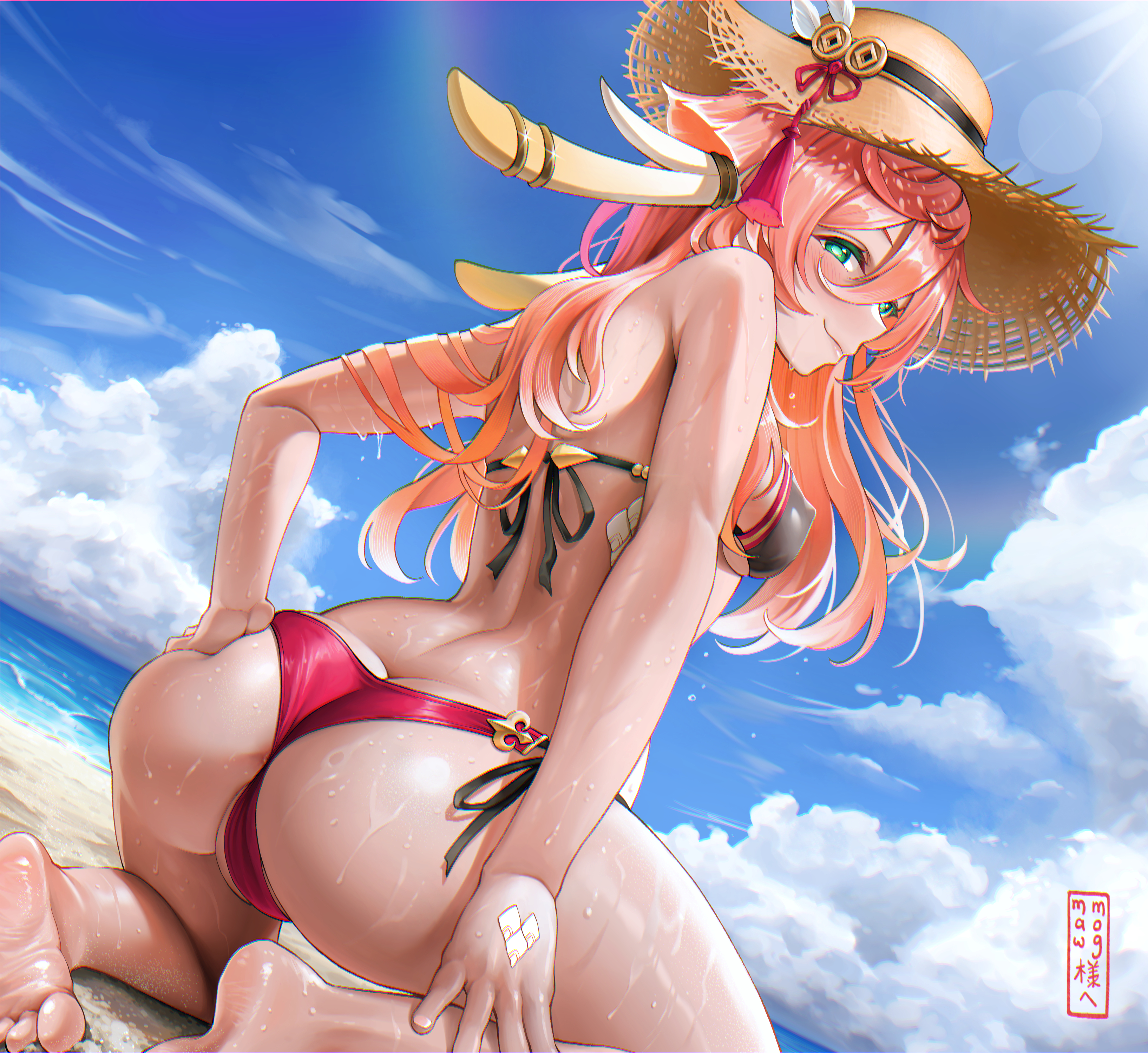 absurdres, ass, ass cleavage, ass crack, bangs, bare arms, bare shoulders, barefoot, beach, bikini, blue sky, blush, breasts, butt crack, cloud, day, dutch angle, elocca, female, from behind, genshin impact, green eyes, hair between eyes, hat, highres, kneeling, long hair, looking at viewer, looking back, medium breasts, ocean, partially visible vulva, pink hair, pussy, sky, smile, solo, sun hat, swimsuit, thighs, water, wet, yanfei (genshin impact)