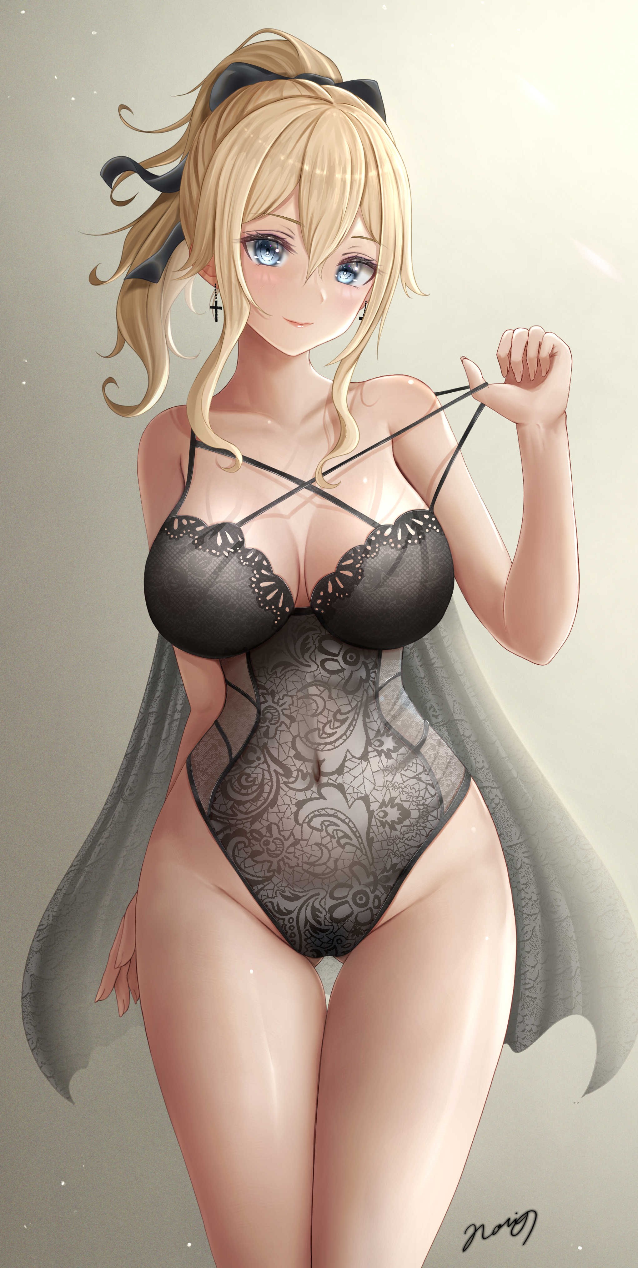 1girls, 2022, black lingerie, blonde female, blonde hair, blue eyes, blush, bow, bow in hair, breasts, female, female only, genshin impact, highleg, hips, jean gunnhildr, large breasts, light skin, light-skinned female, lingerie, looking at viewer, medium hair, norino, ponytail, simple background, slim waist, thick thighs, thigh gap, thighs, wide hips