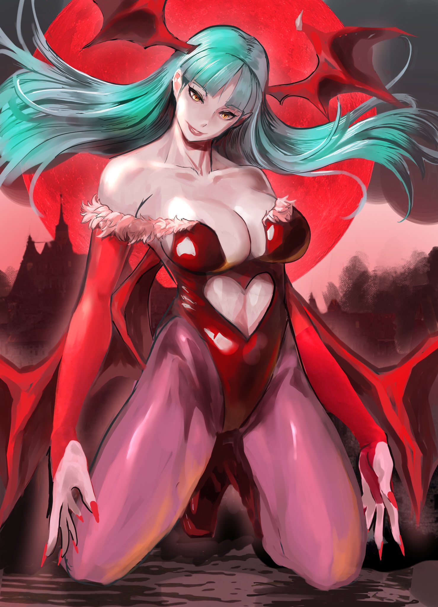1girls, armwear, bangs, big breasts, breasts, capcom, clothing, darkstalkers, demon, demon wings, female, female only, green hair, head wings, heart shape, hi res, kneeling, leotard, long fingernails, long hair, medium breasts, meke, morrigan aensland, pantyhose, pink pantyhose, red fingernails, smile, solo, solo female, succubus, wings, yellow eyes