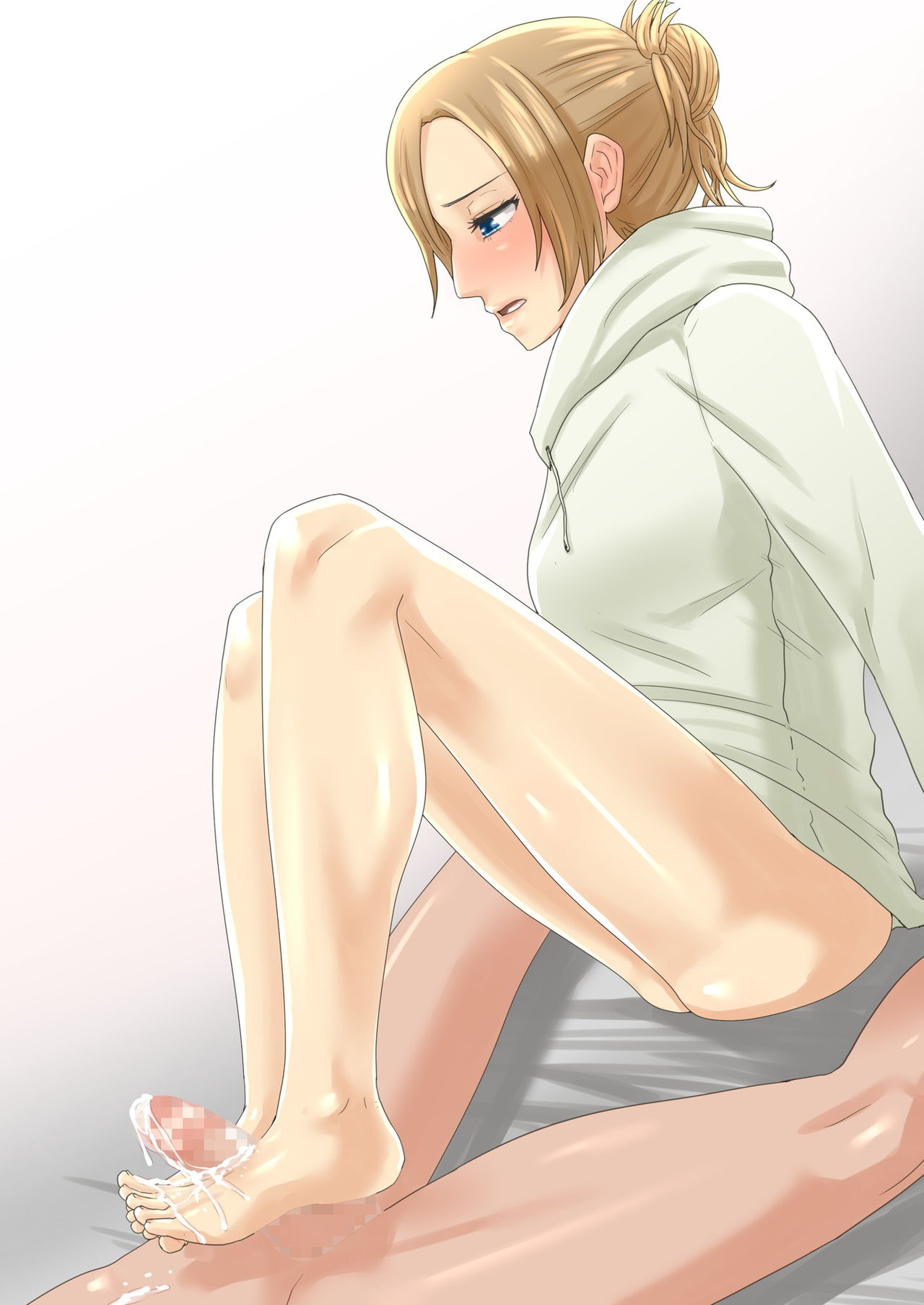 annie leonhardt, artist request, attack on titan, blonde female, blonde hair, blue eyes, blush, censored penis, cum on body, cum on feet, feet, female, foot fetish, foot focus, foot play, footjob, glistening skin, male, no panties, no pants, penis, shingeki no kyojin, unseen male face, white background, white hoodie, white skin