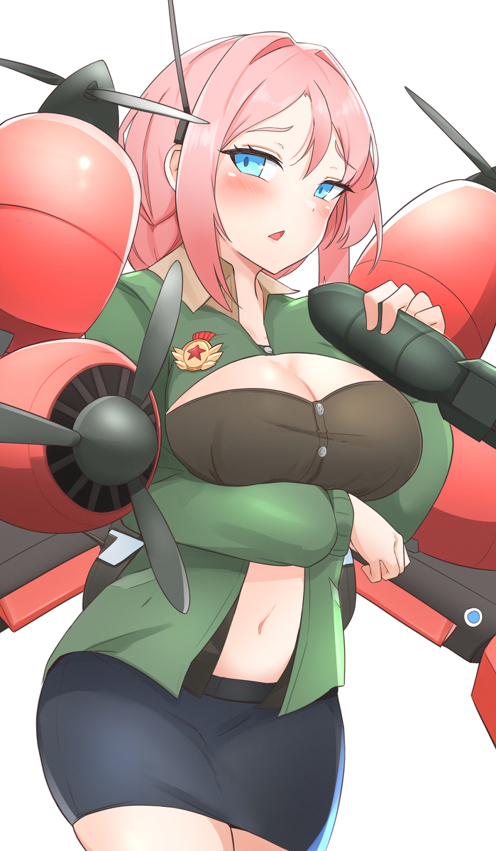 1girls, aircraft, big breasts, blue eyes, breasts, cyan eyes, daebom, female, female only, looking at viewer, open mouth, pe-8, pe8 (daebom), pink hair, solo, war thunder