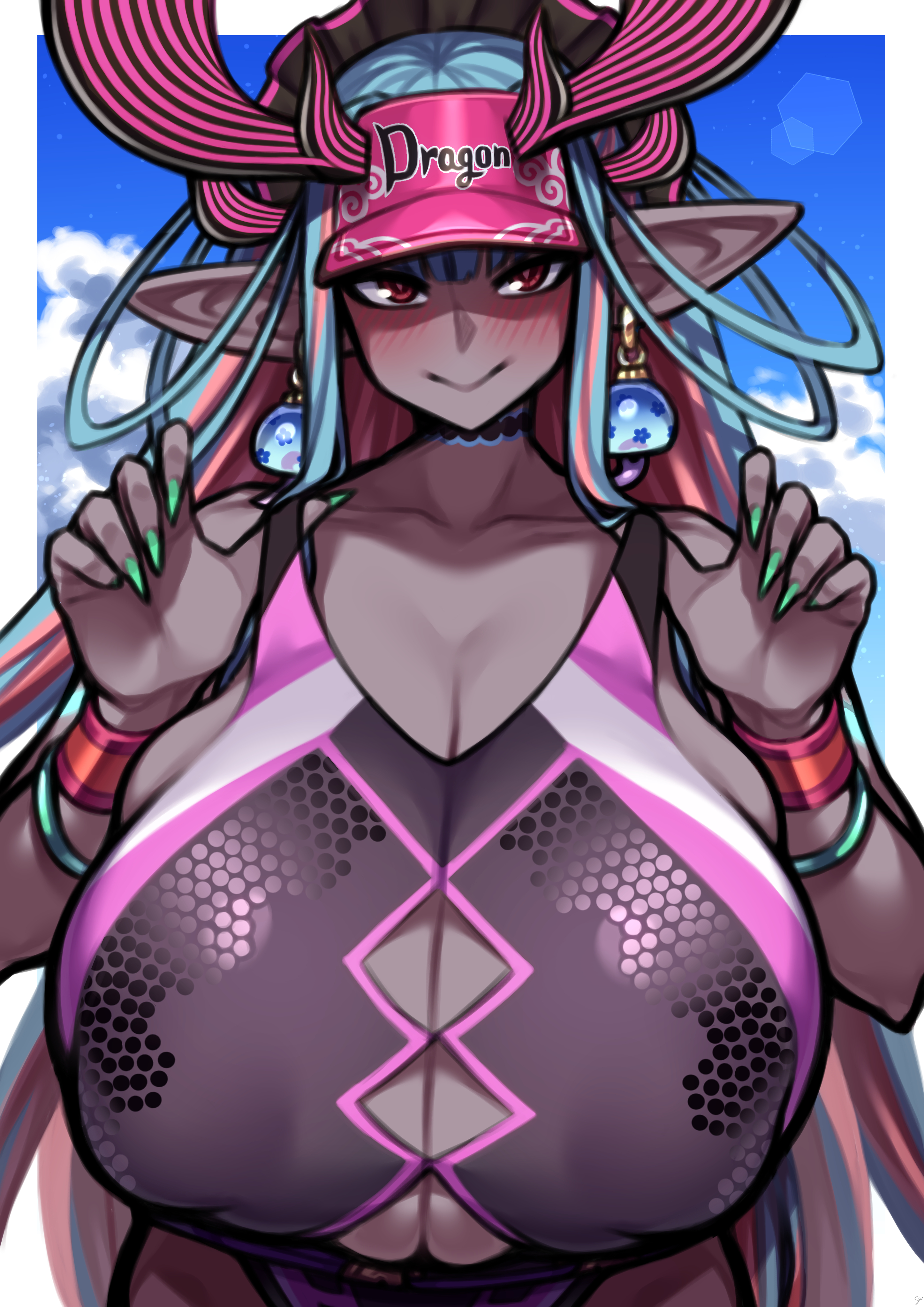 1girls, 2022, alternate breast size, alternate version available, blush, breasts, coffeelove68, dark skin, dark-skinned female, demon, demon girl, fate (series), fate/grand order, female, female only, hat, horns, huge breasts, ibuki douji (fate), ibuki douji (swimsuit berserker) (fate), long ears, naughty face, one-piece swimsuit, oni, oni horns, outdoors, pointy ears, red eyes, smile, suggestive look, swimsuit, visor, visor cap