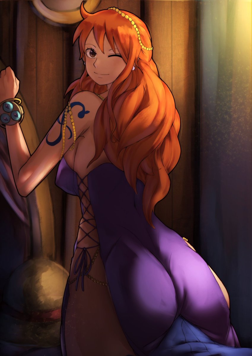 ass blush brown_eyes dat_ass female foonie_xd funi_xd imminent_penetration large_ass large_breasts long_hair looking_at_viewer male monkey_d_luffy nami one_eye_closed one_piece orange_hair post-timeskip straw_hat tattoo uncensored