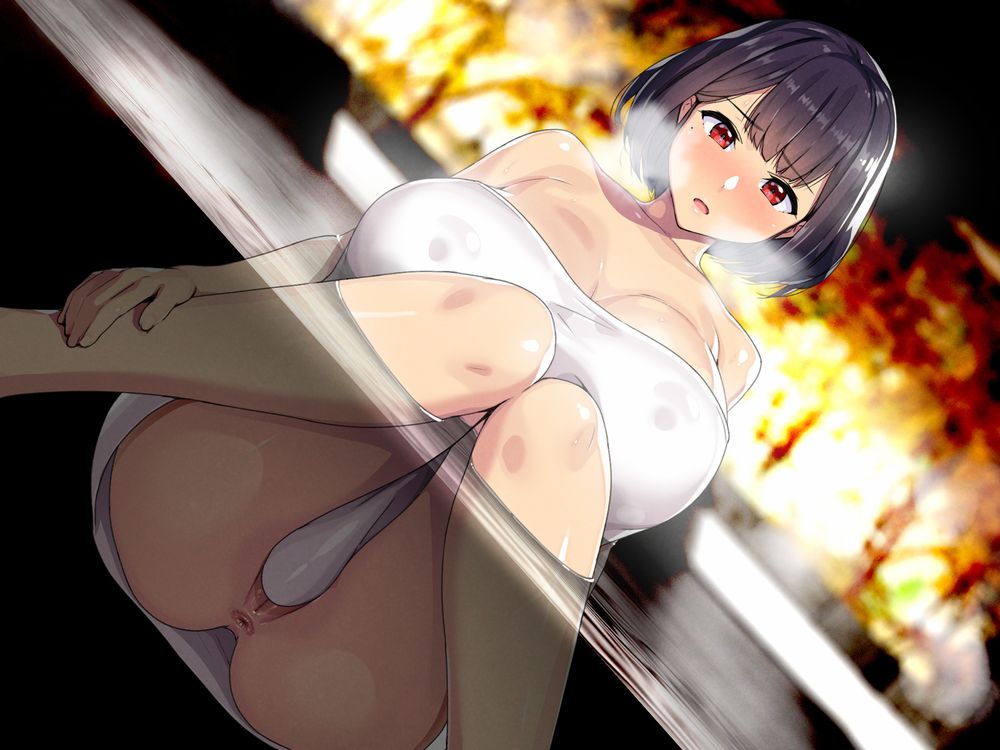 anus ass bangs bare_shoulders black_hair blurry blurry_background blush breasts cleavage cleft_of_venus female huge_breasts mature_female munashi_mujou onsen open_mouth original partially_submerged pussy pussy_peek red_eyes short_hair solo steam thighs towel water