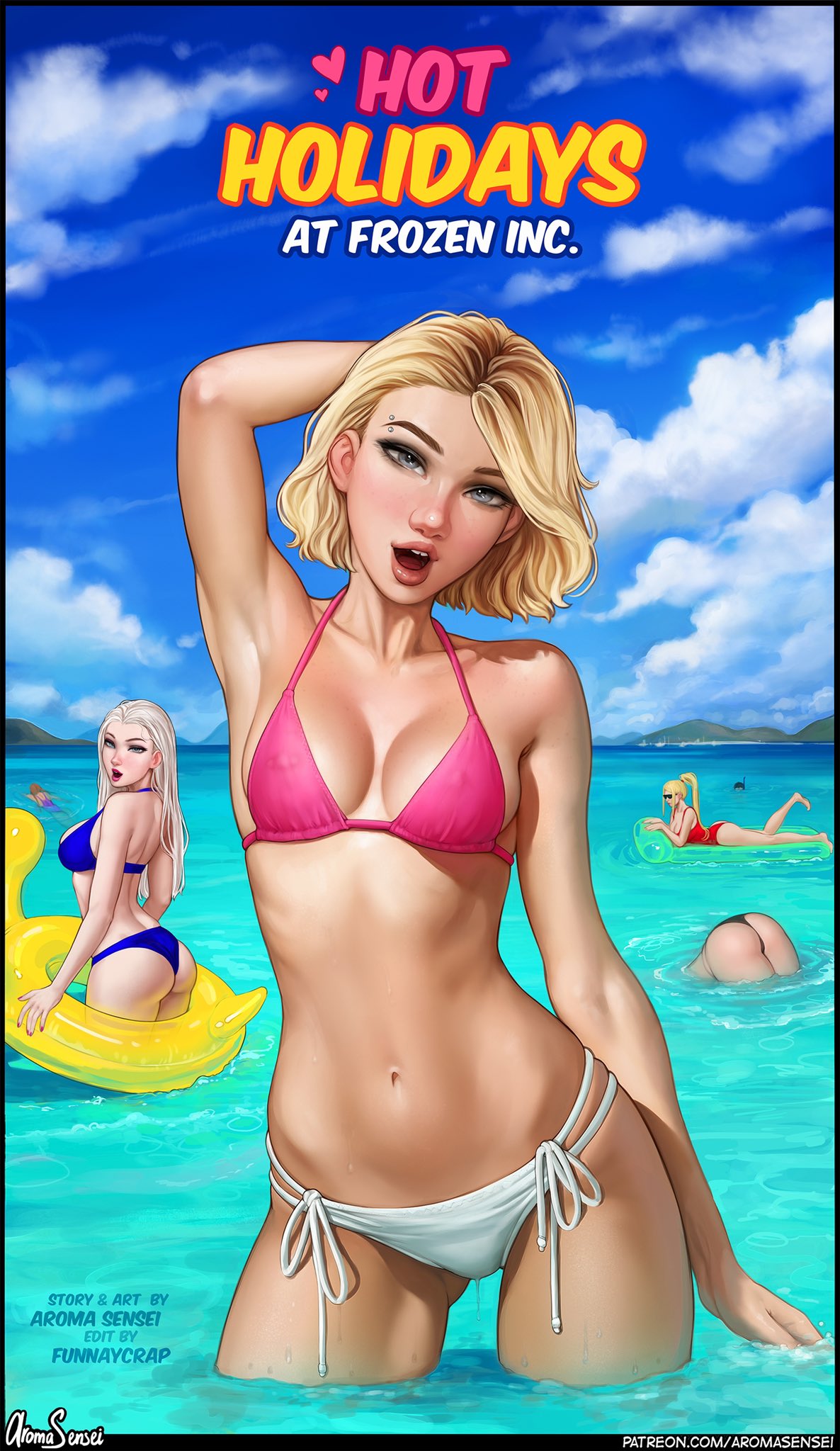 4girls, anna (frozen), arm up, armpits, aroma sensei, ass, beach, bikini, blonde hair, blush, breasts, crossover, disney, elsa (frozen), eyebrow piercing, female, frozen (film), gwen stacy, high resolution, highres, marvel, marvel comics, metroid, multiple females, multiple girls, nier: automata, outdoors, partially submerged, samus aran, short hair, signature, small breasts, spider-gwen, spider-man (series), spider-man: into the spider-verse, swimsuit, text, water, white hair, yorha 2b