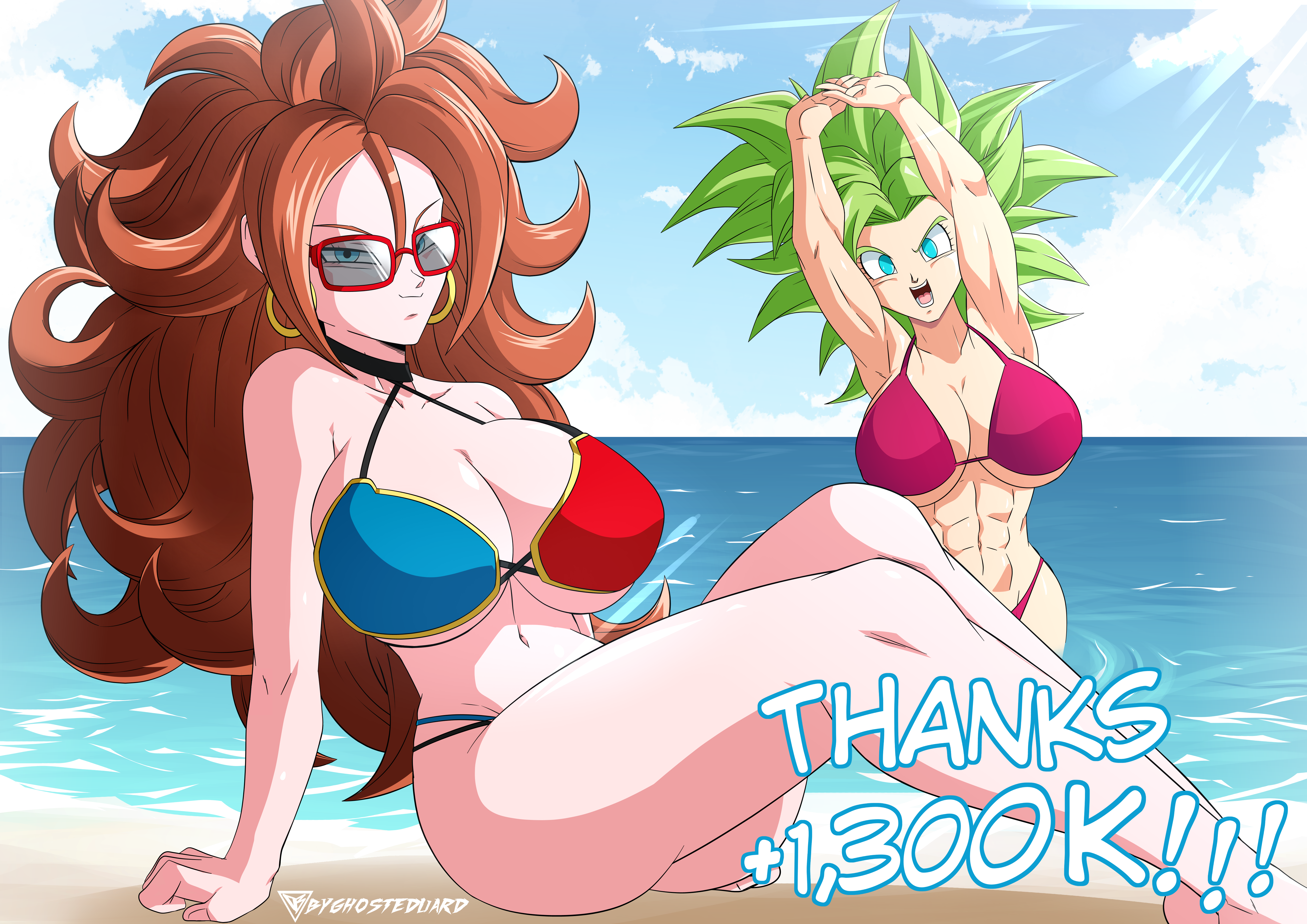 2girls, android 21, android 21 (human), big breasts, bikini, blue eyes, breasts, byghosteduard, calf muscles, dragon ball, dragon ball super, dragon ball z, earrings, female, female focus, female only, green hair, kefla, legendary super saiyan, muscles, muscular, muscular female, potara earrings, shounen jump, super saiyan, super saiyan 2, swimsuit