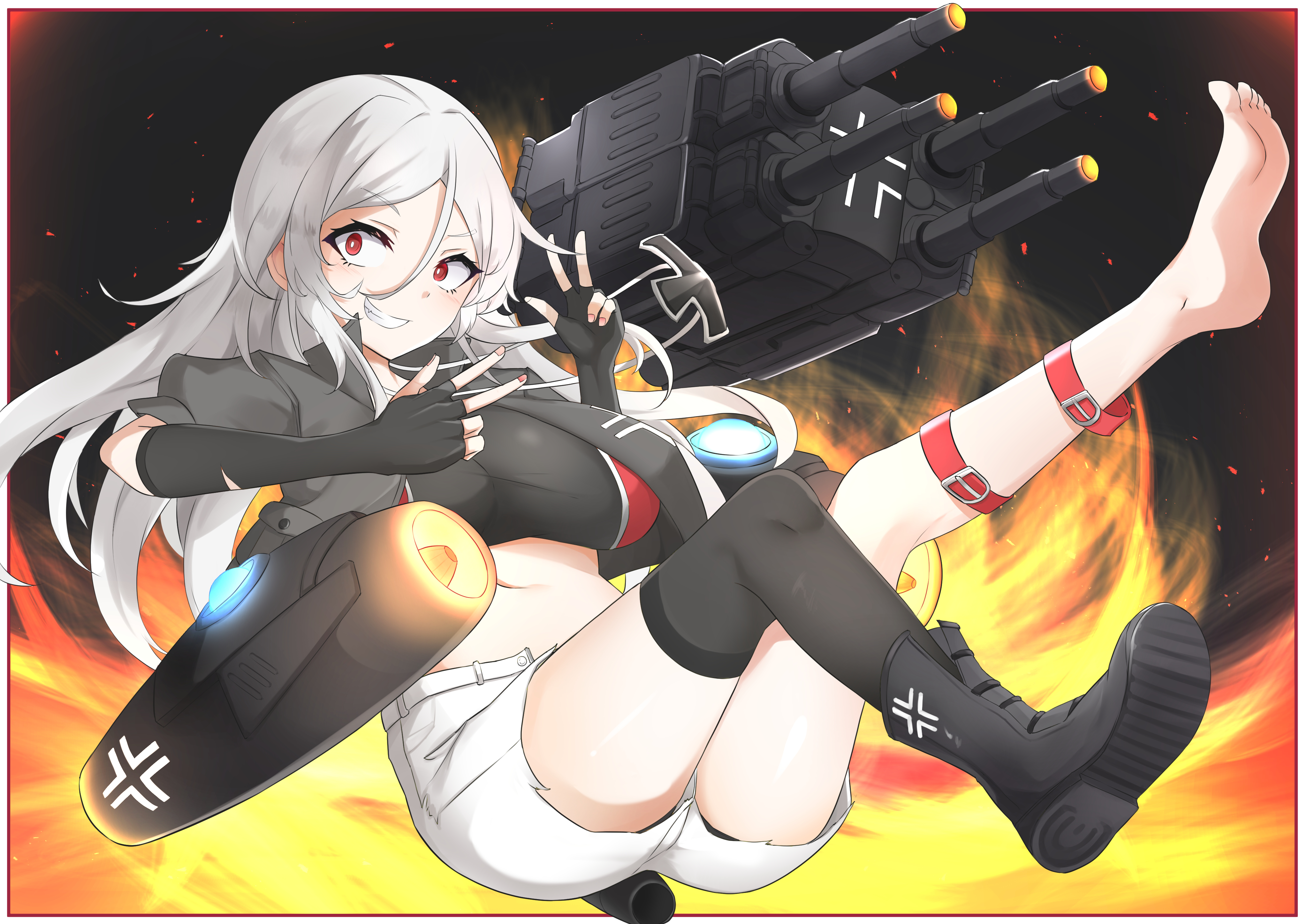 daebom, eye contact, eyelashes, feet, grey clothing, grey hair, high resolution, long hair, me 262, me262 (daebom), messerschmitt me 262, red eyes, silver hair, war thunder