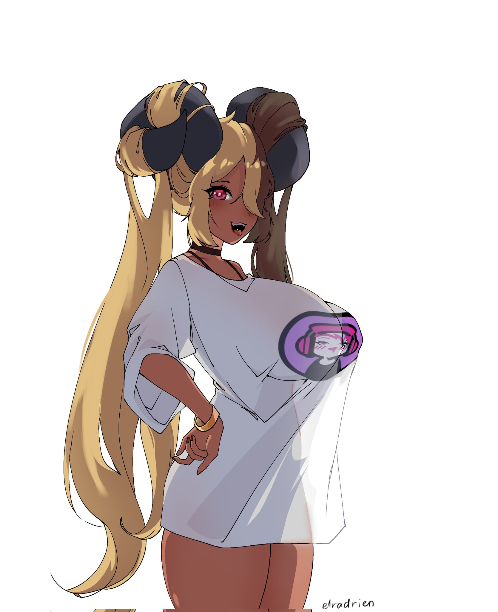 1girls, aife (zanamaoria), big breasts, blonde female, blonde hair, breasts, brown hair, choker, curved horns, dark skin, dark-skinned female, demon, demon horns, elradrien, female, female only, hair on horn, hair over one eye, hand on hip, hi res, horns, looking at viewer, open mouth, red eyes, side view, smiling at viewer, solo, solo female, succubus, t-shirt, t-shirt only, thick thighs, tongue, tongue out, tongue piercing, two-tone hair, very long hair, white background